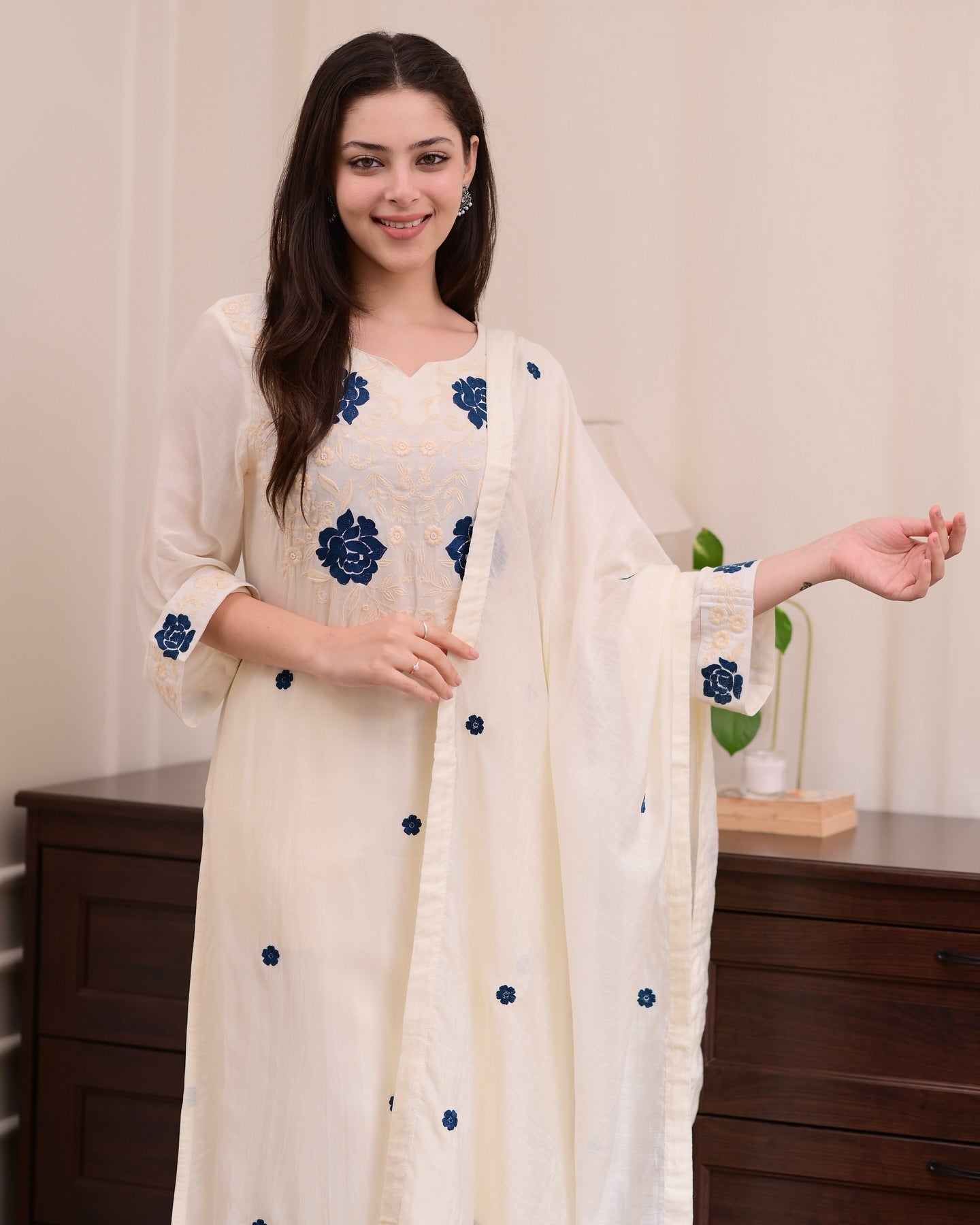Women's Rayon Slub Embroidered Kurta Set with Pant and Dupatta