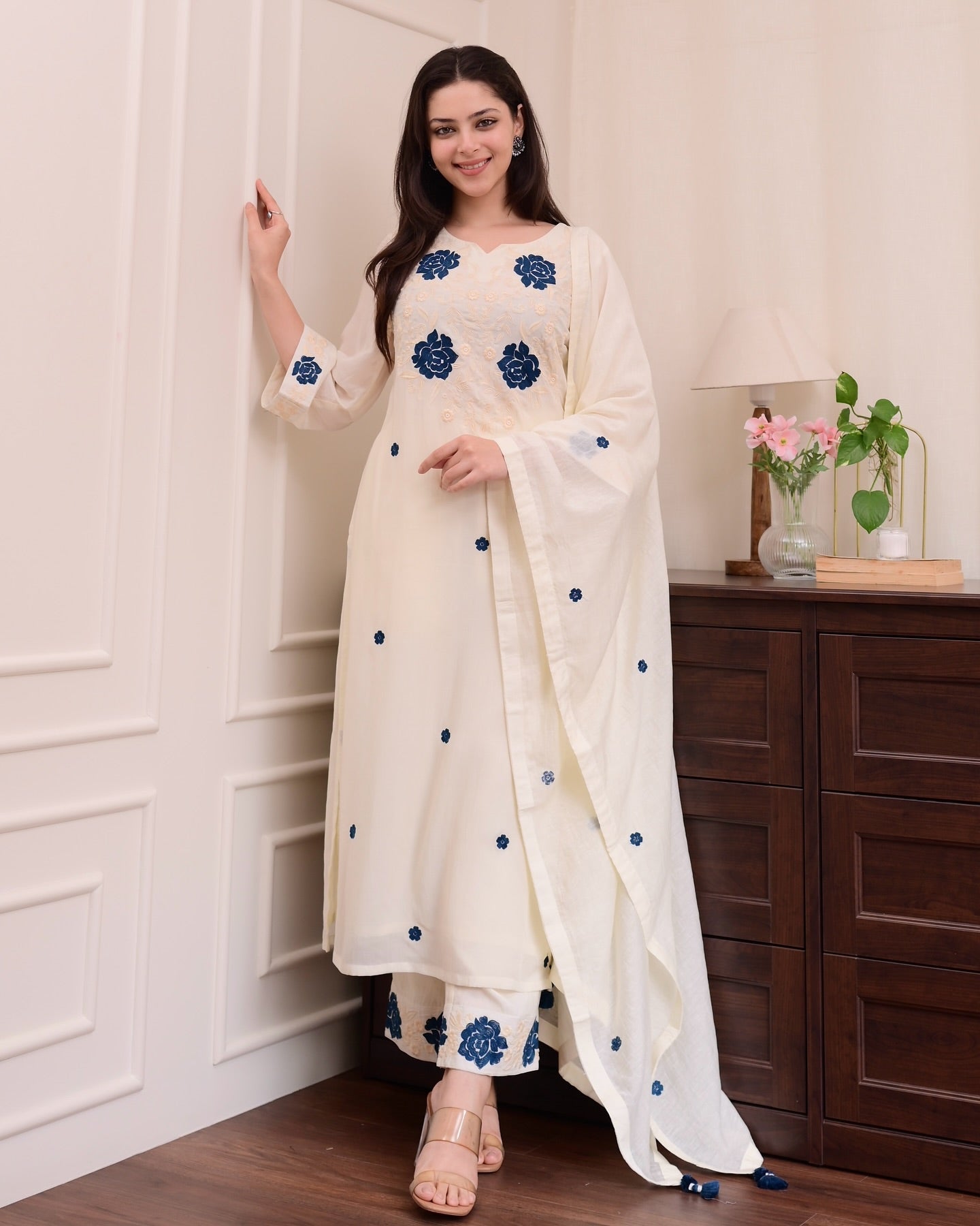 Women's Rayon Slub Embroidered Kurta Set with Pant and Dupatta