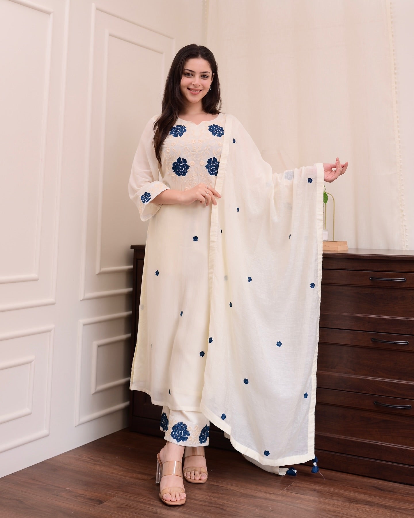 Women's Rayon Slub Embroidered Kurta Set with Pant and Dupatta