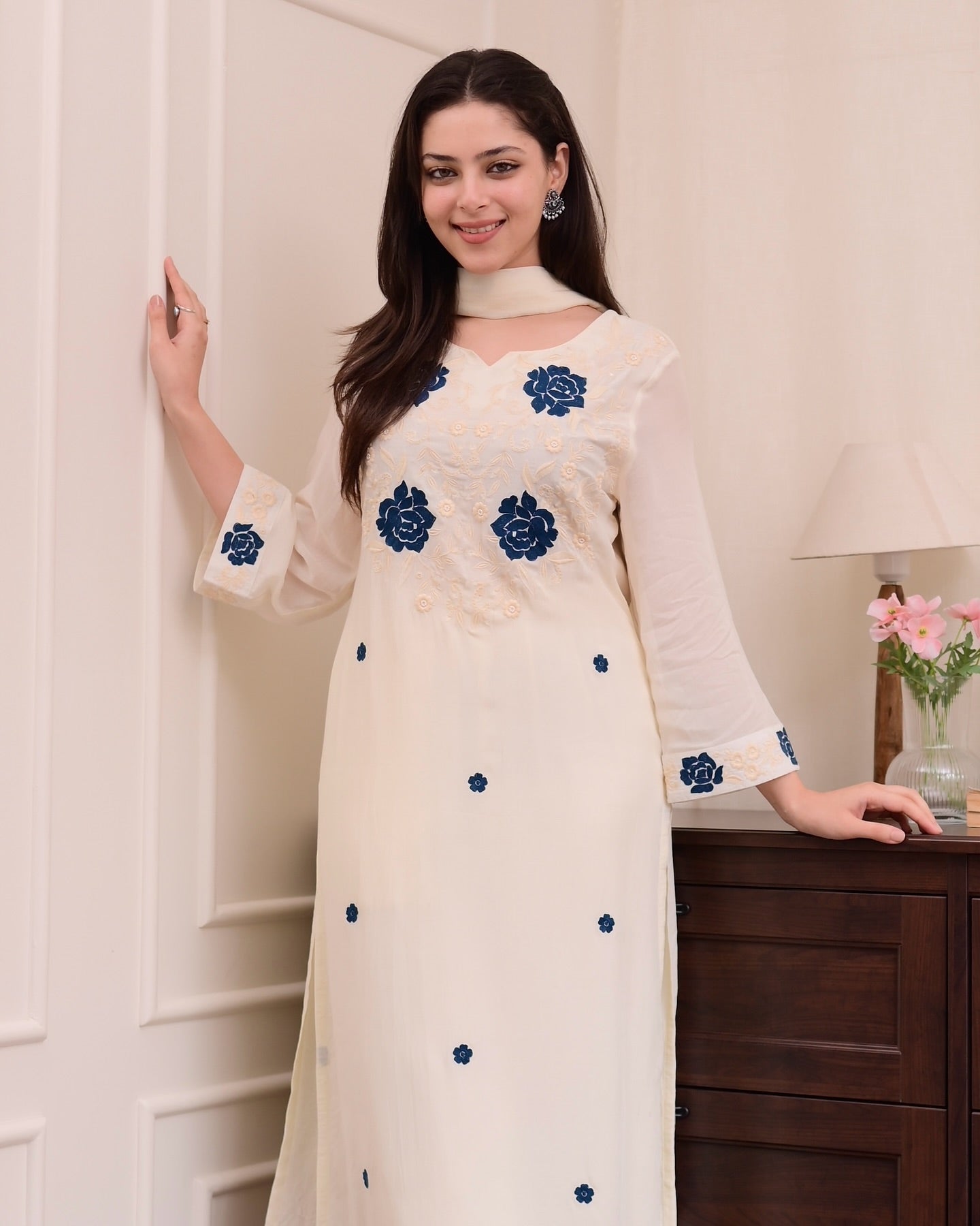 Women's Rayon Slub Embroidered Kurta Set with Pant and Dupatta