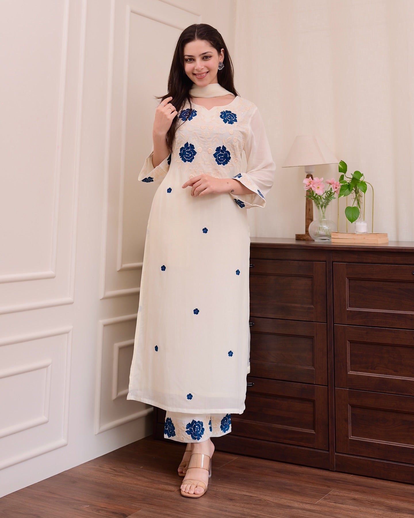 Women's Rayon Slub Embroidered Kurta Set with Pant and Dupatta