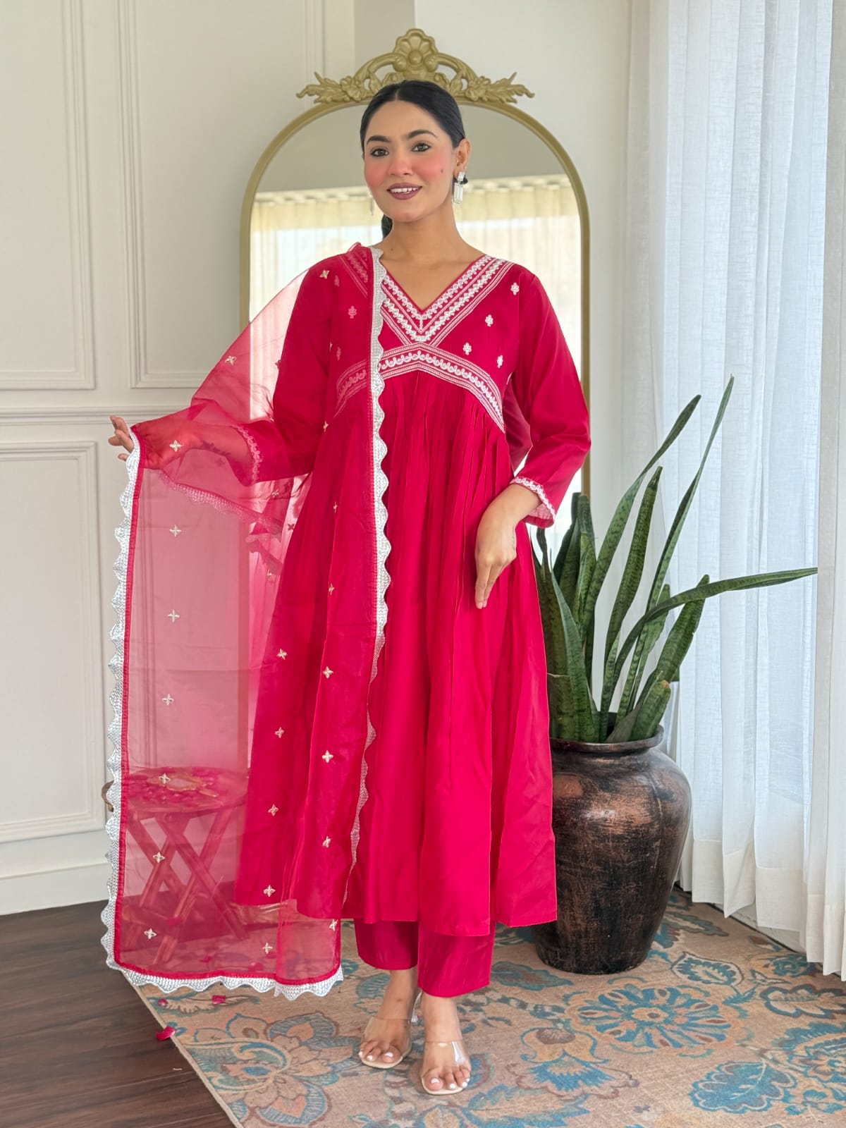 Women's Embroidery Viscose Chanderi Regular Fit 3/4 Sleeve Lightweight Ethnic Wear Kurti Pant and Dupatta Set