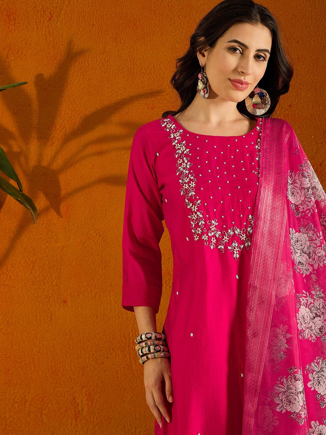 Women's Viscose Chanderi Embroidered Straight Kurta with Viscose Chanderi Pant & Jacquard butti Printed Dupatta Set