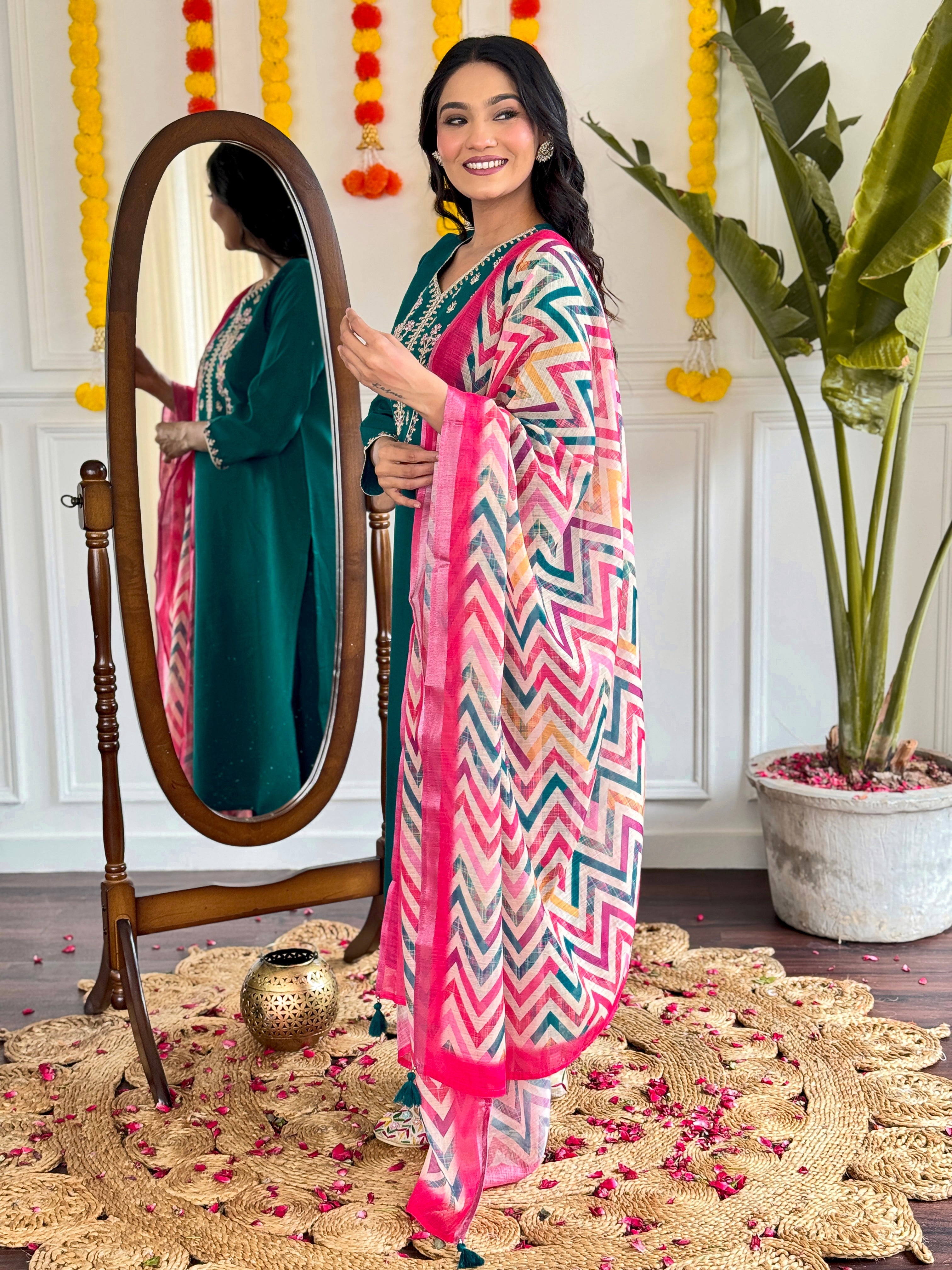 Women's White Viscose Chanderi Embroidered Straight Kurta with Viscose Chanderi Pant & pure linen Printed Dupatta Set