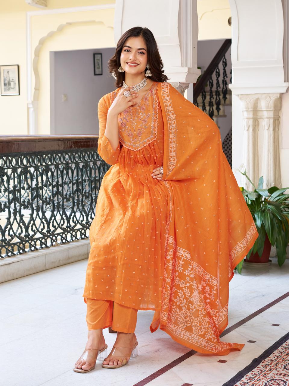 Women Orange Printed cotton Embroidered Kurta With Pant & Dupatta