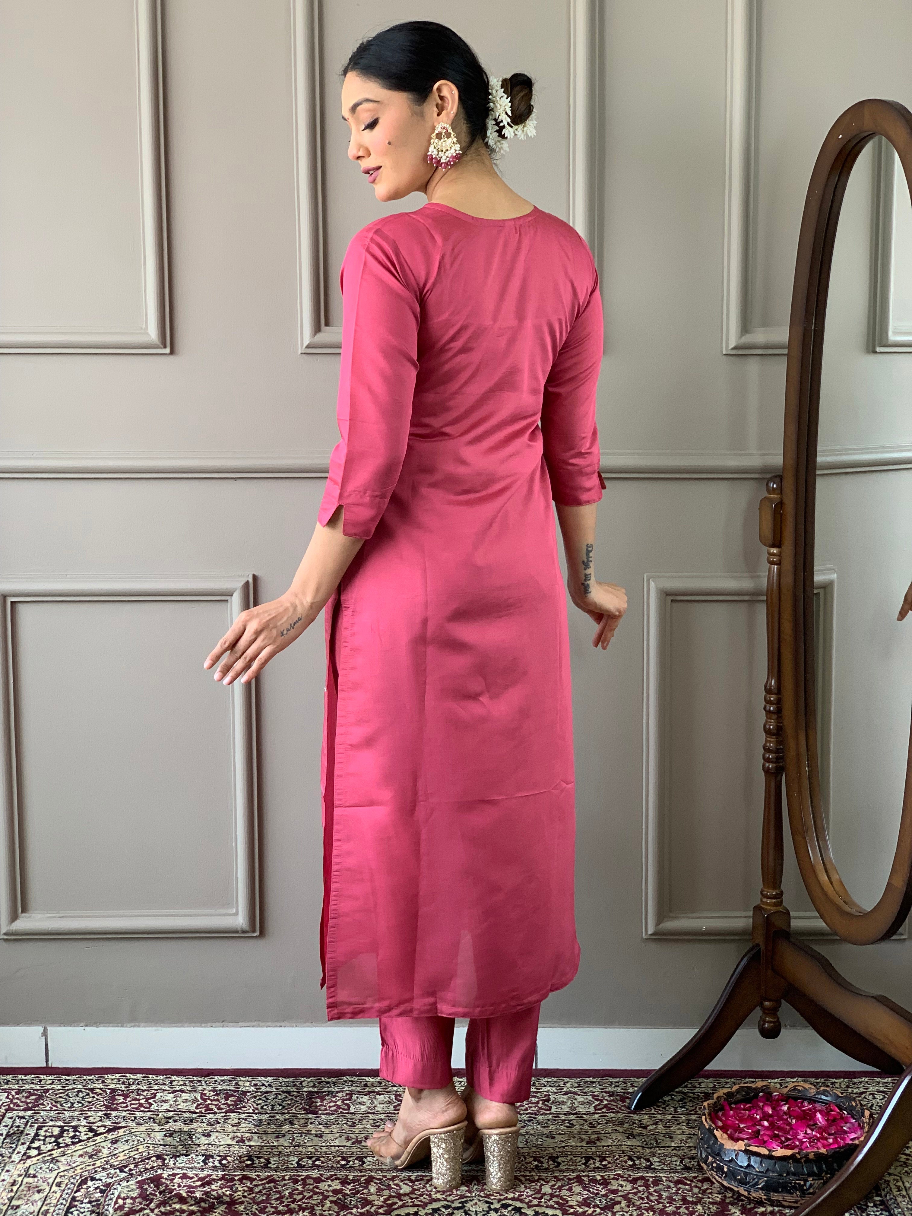 Women's Viscose Chanderi Embroidered Straight Kurta with Viscose Chanderi Pant & Nylon taby jaquaed Printed Dupatta Set