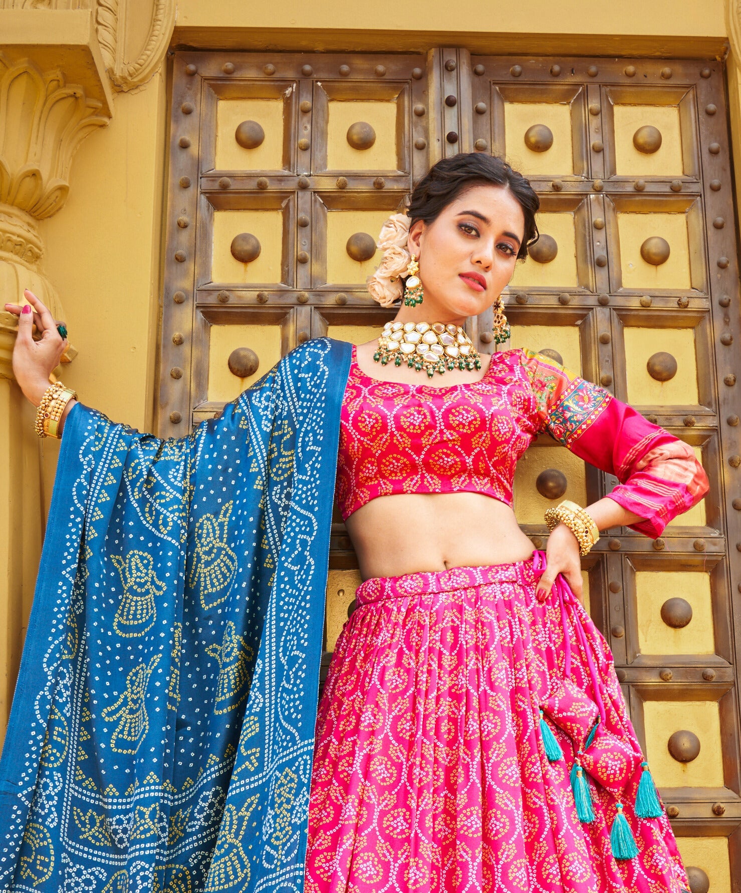 Glamorous pink Digital Print Gaji Silk Lehenga Choli With Blue Dupatta