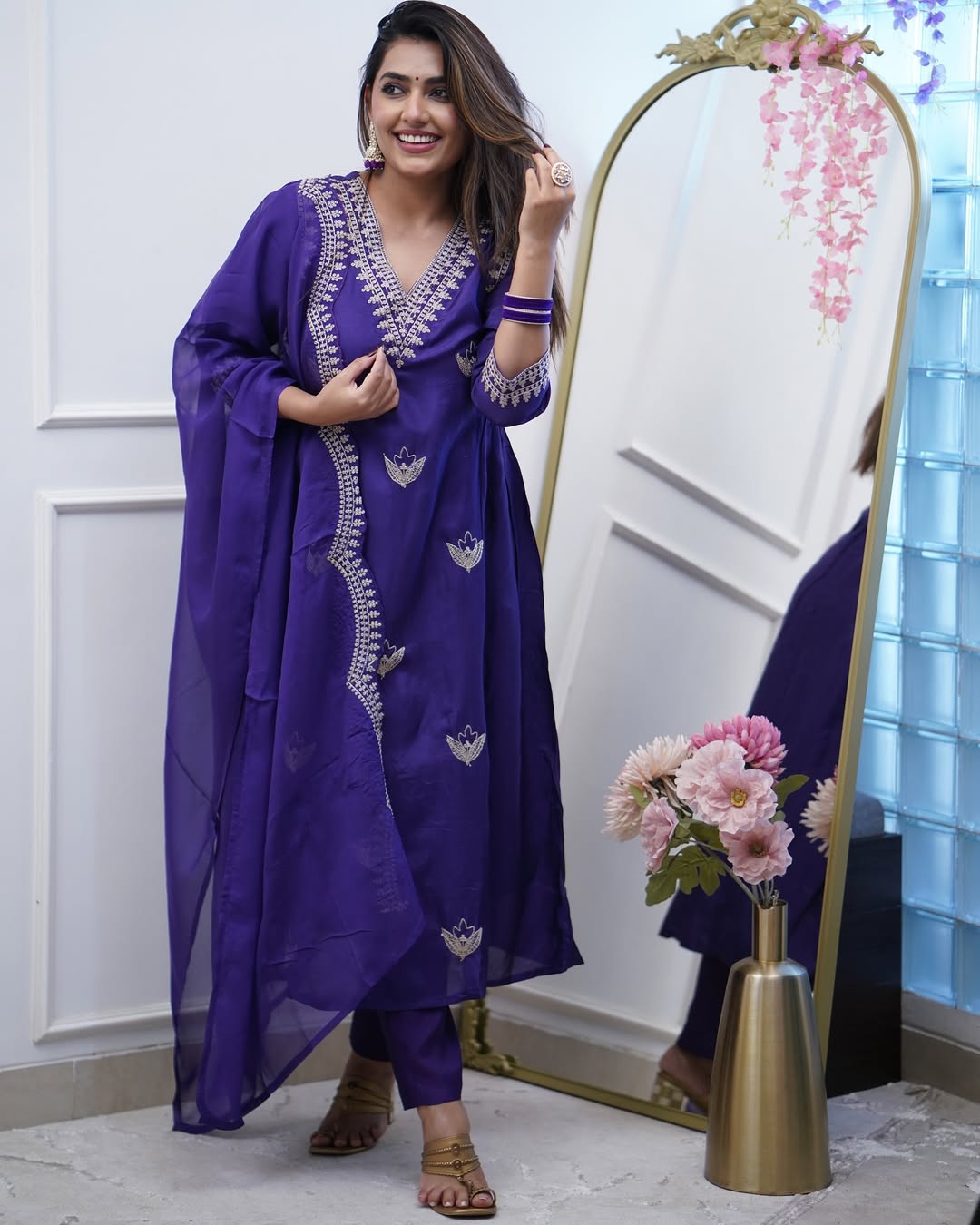 Women's Purple Embroidered Anarkali Kurta Set with Dupatta