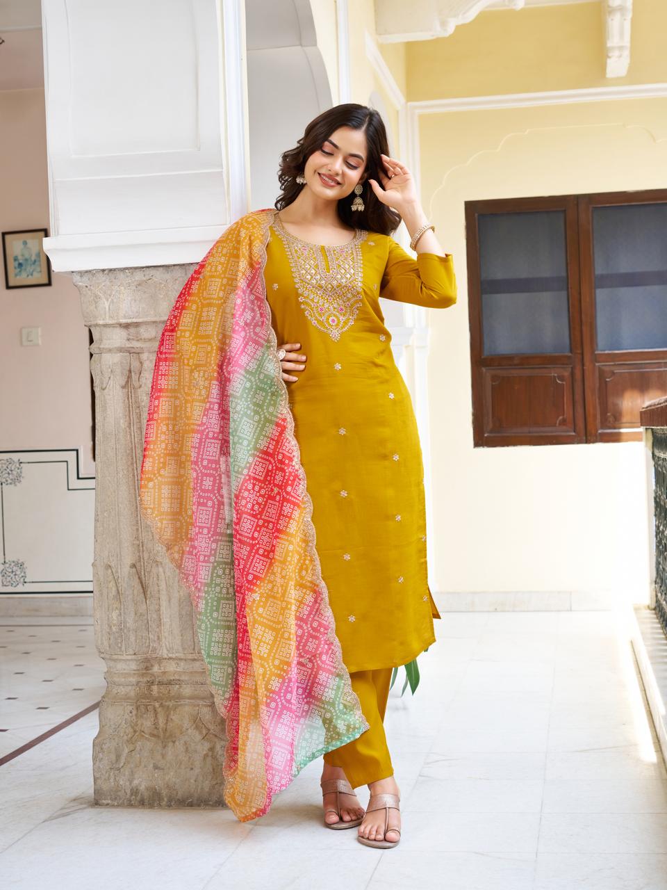 Women Mustard yellow Viscose chanderi  Embroidered Kurta With Pant & Dupatta