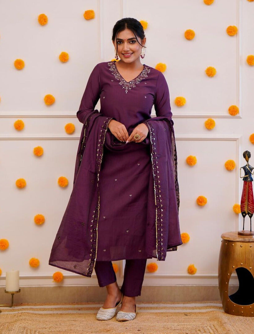 Women's Rayon Slub Embroidered Kurta Set with Pant and Chinon Dupatta