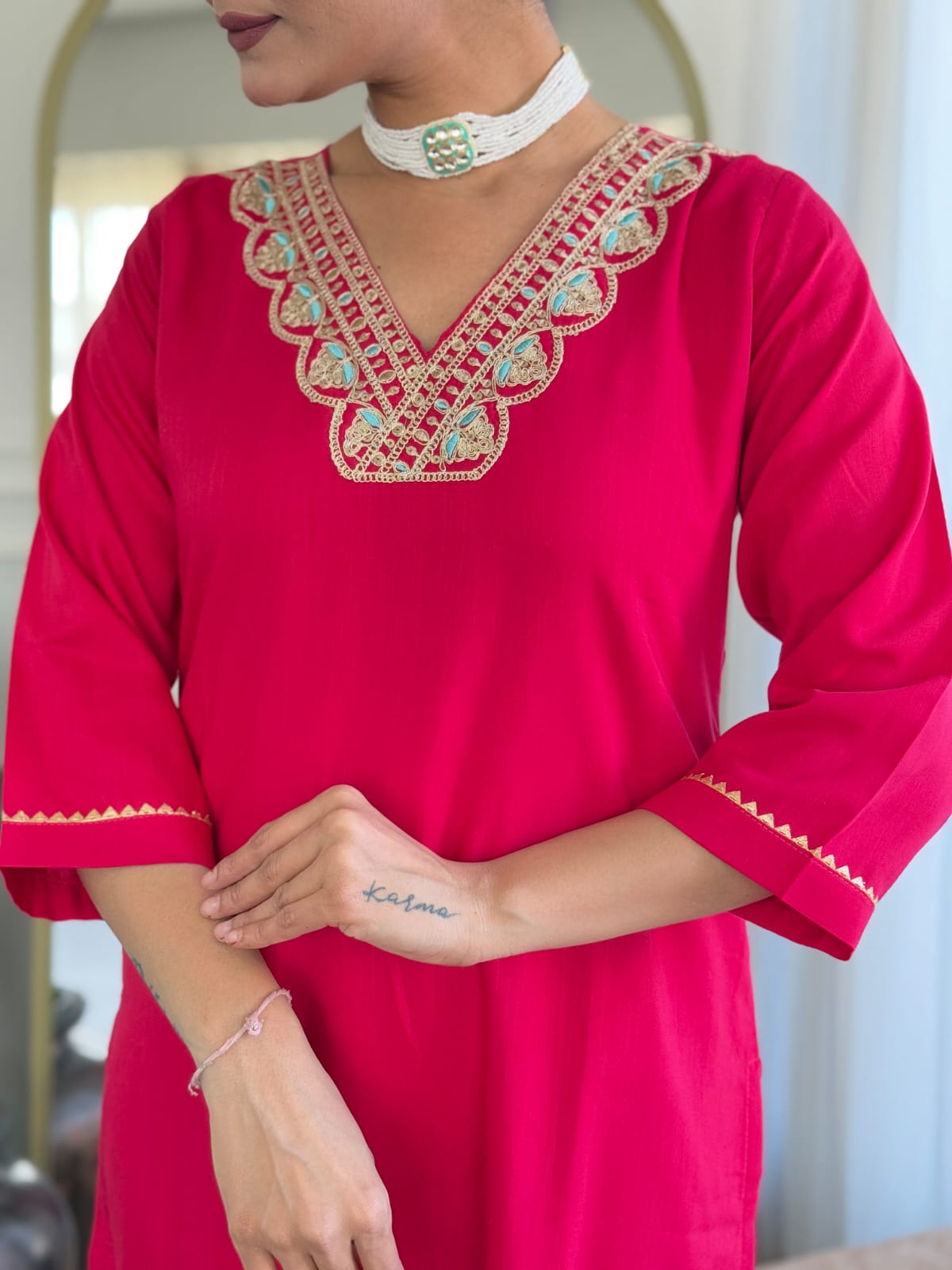 Women's Wine Rayon Slub Embroidered Straight Kurta with Rayon Slub Pant and Chinon Laced Dupatta Sets