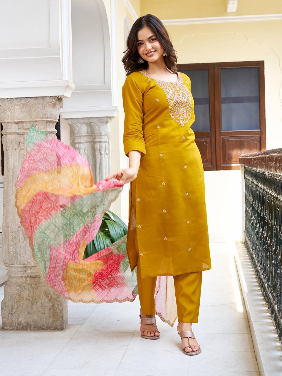 Women Mustard yellow Viscose chanderi  Embroidered Kurta With Pant & Dupatta