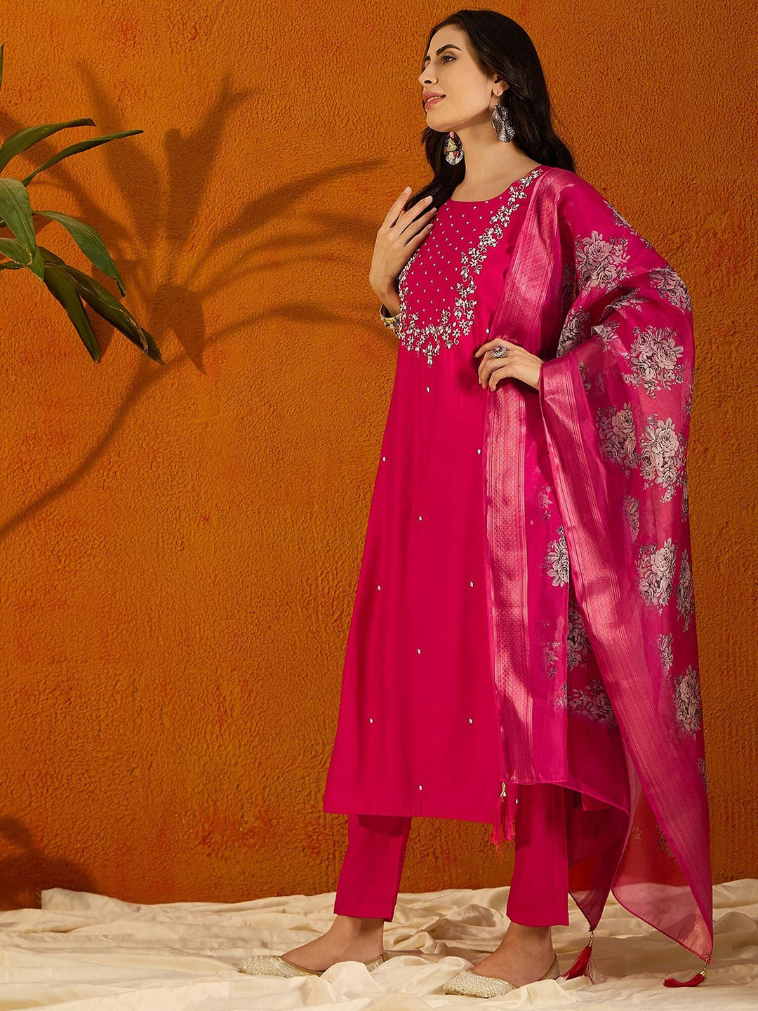 Women's Viscose Chanderi Embroidered Straight Kurta with Viscose Chanderi Pant & Jacquard butti Printed Dupatta Set