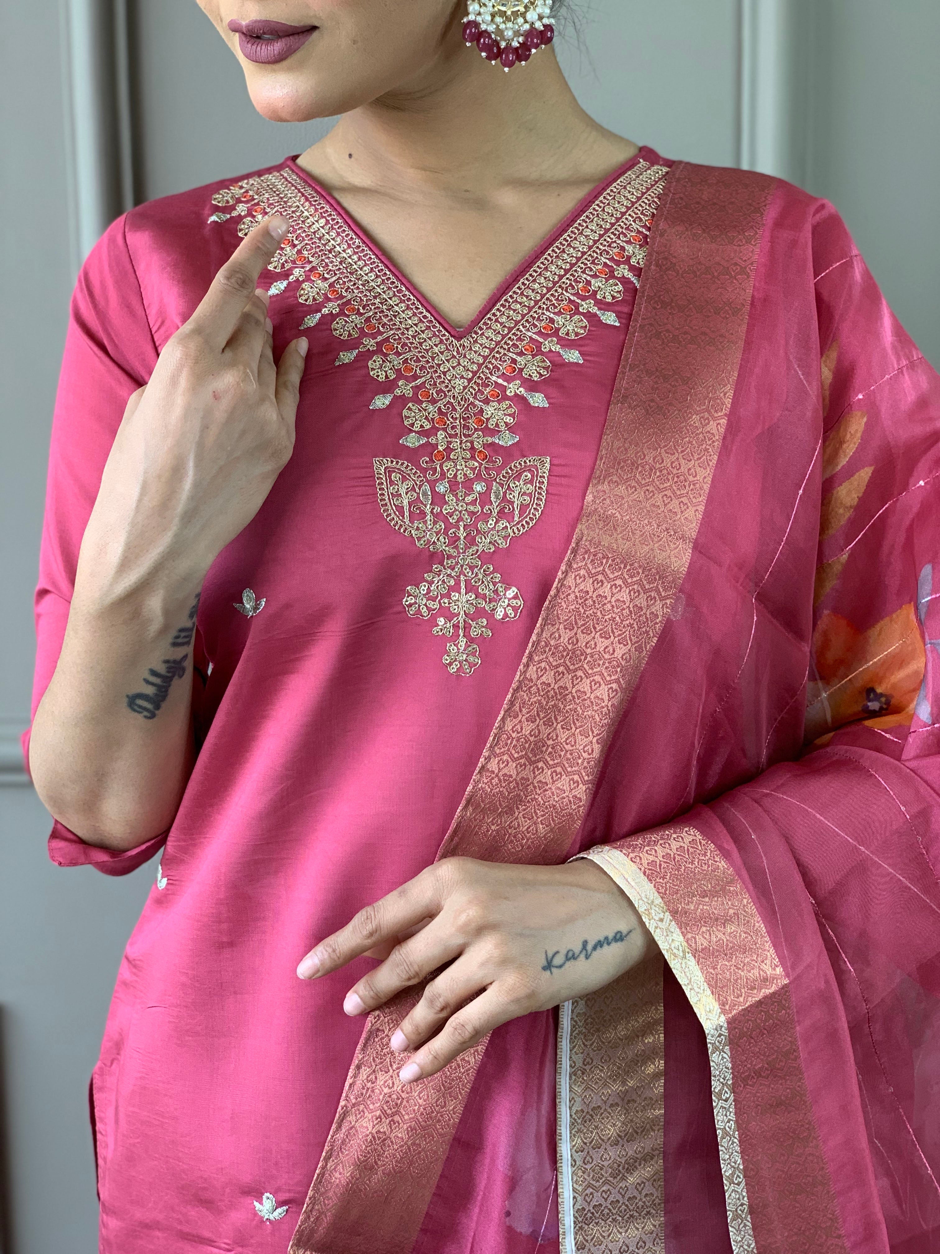 Women's Viscose Chanderi Embroidered Straight Kurta with Viscose Chanderi Pant & Nylon taby jaquaed Printed Dupatta Set