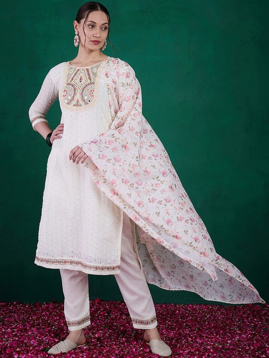 Women's Embroidered Straight Kurta with Viscose Chanderi Pant & Kota Chex Printed Dupatta Set