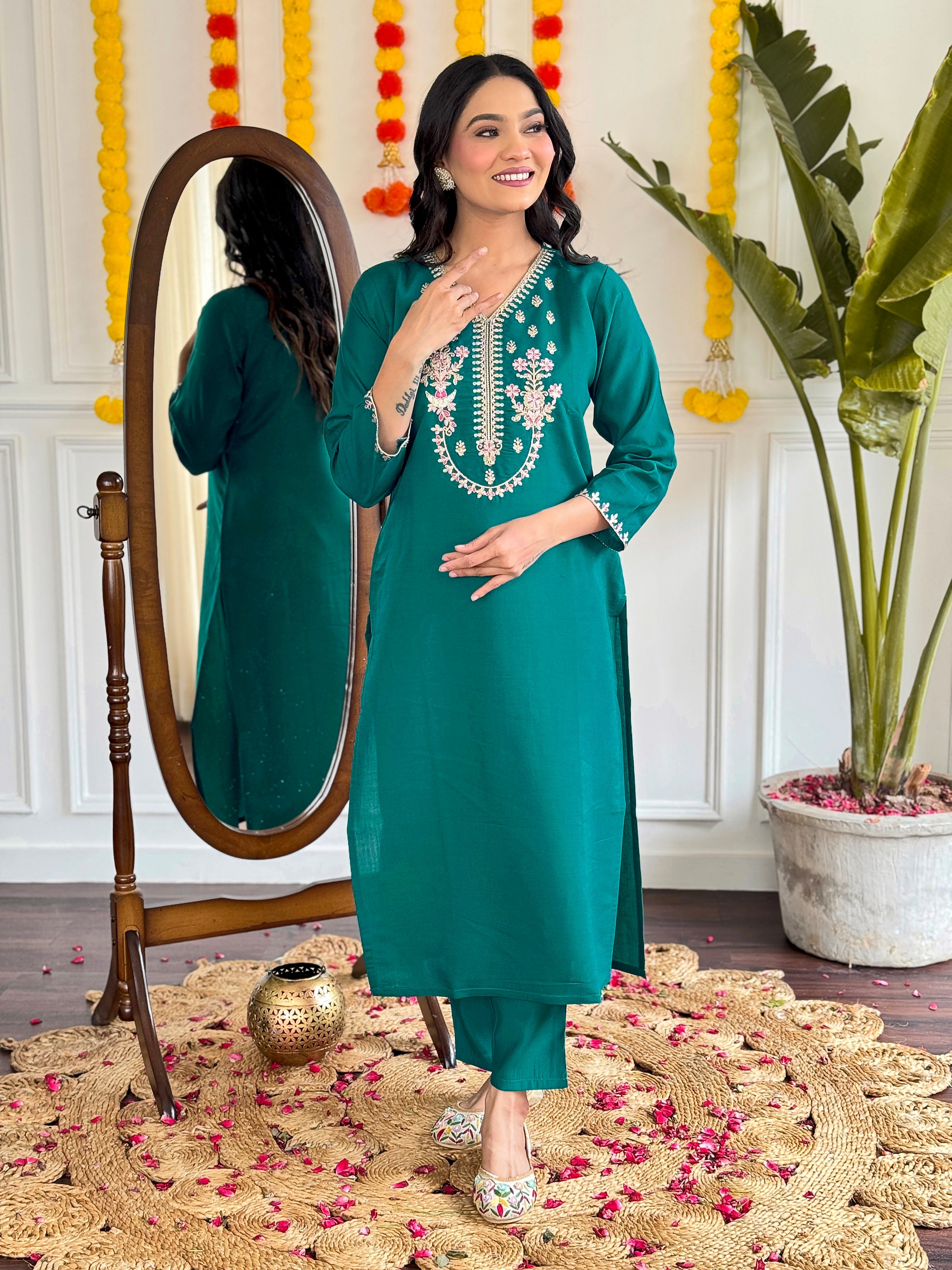 Women's White Viscose Chanderi Embroidered Straight Kurta with Viscose Chanderi Pant & pure linen Printed Dupatta Set