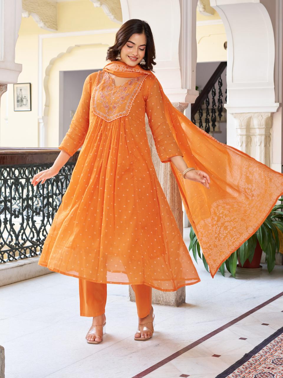 Women Orange Printed cotton Embroidered Kurta With Pant & Dupatta