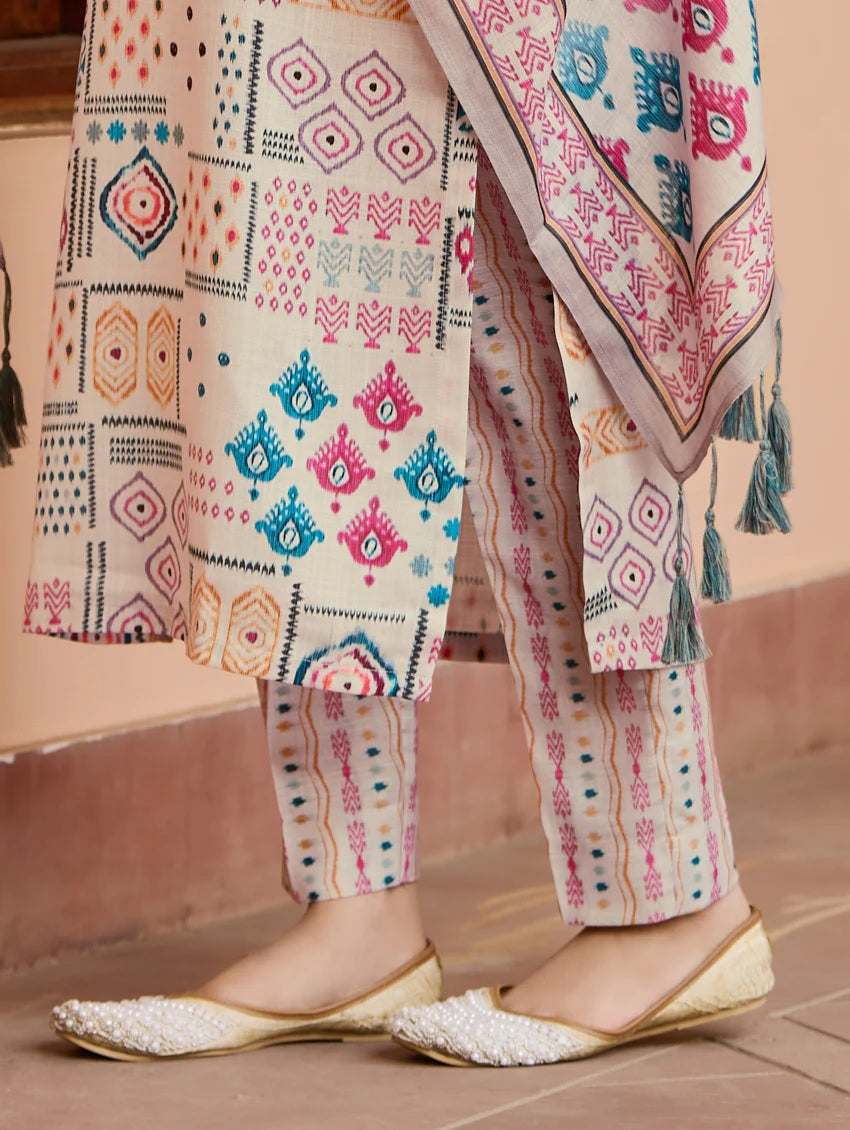 Chanderi Cotton Kurta with Pant and Lilen Print Dupatta Sets