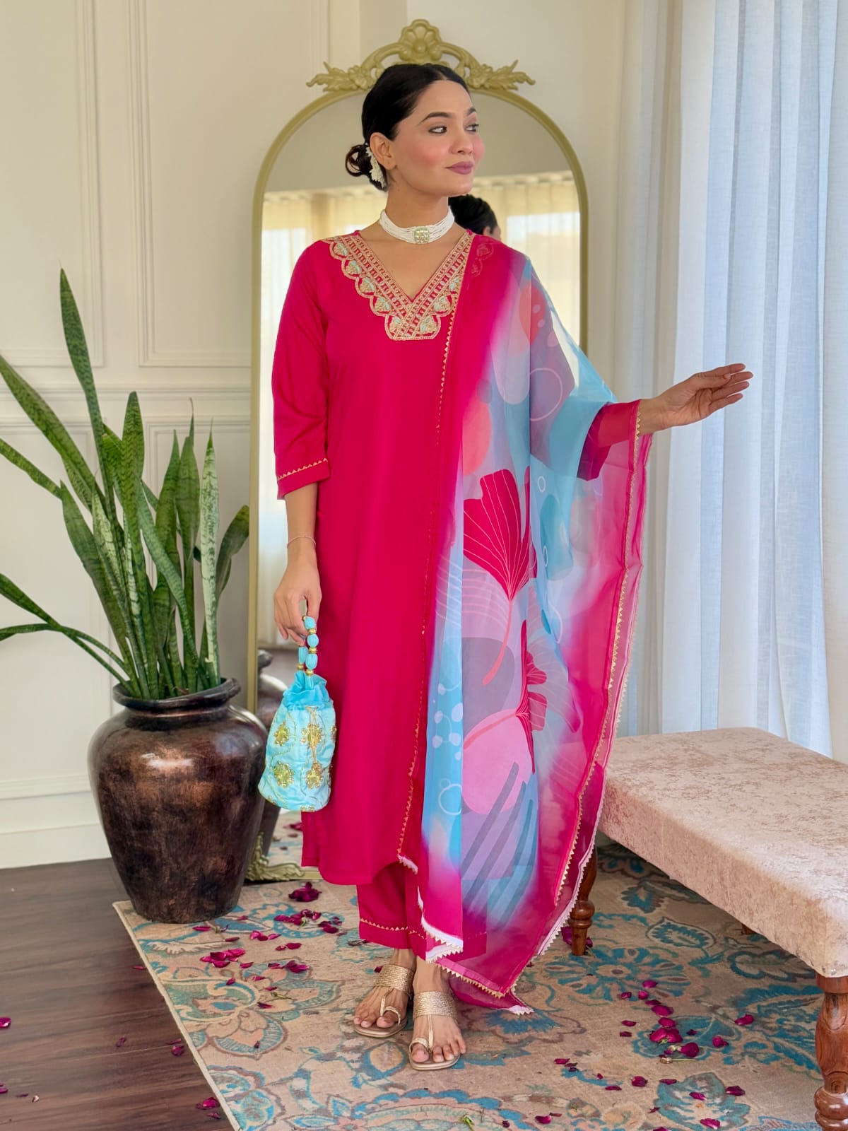 Women's Wine Rayon Slub Embroidered Straight Kurta with Rayon Slub Pant and Chinon Laced Dupatta Sets