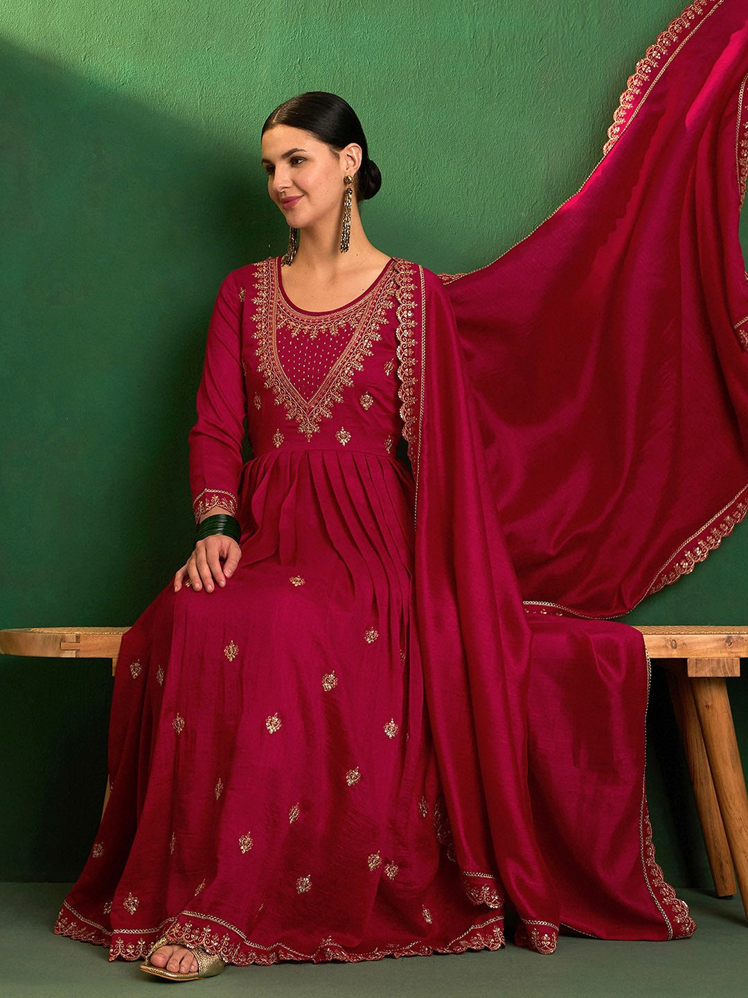 Women's Chanderi Straight Kurta Set with Dupatta
