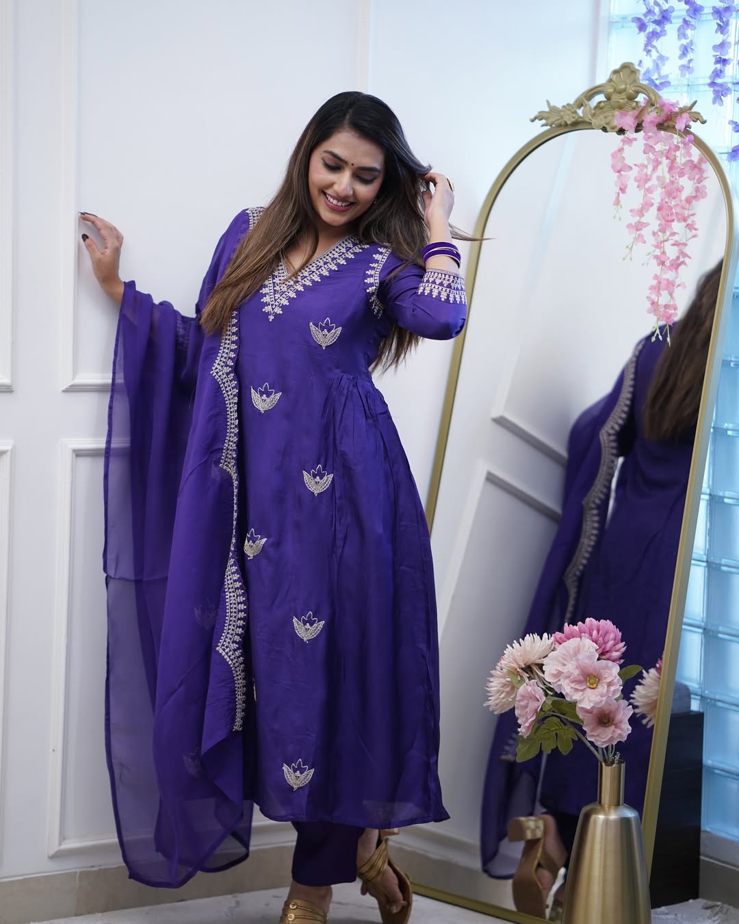 Women's Purple Embroidered Anarkali Kurta Set with Dupatta
