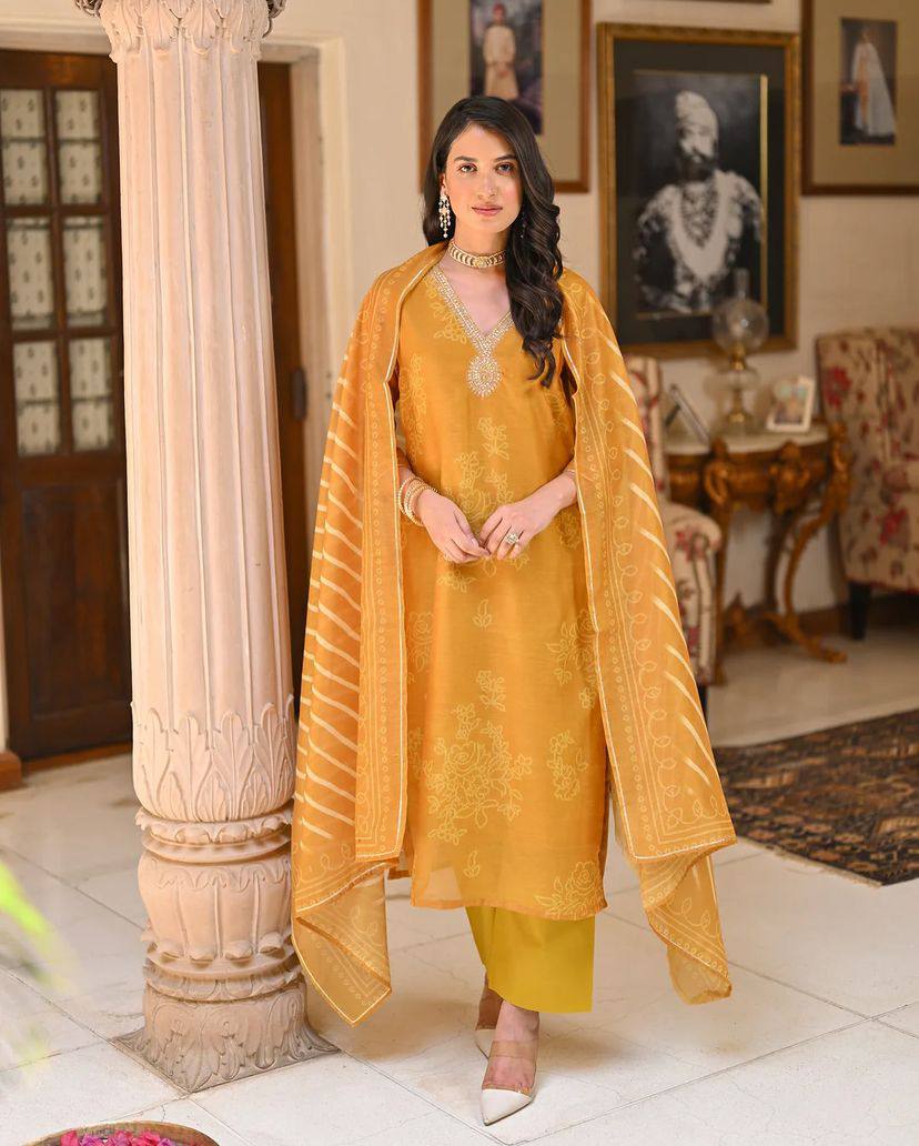 Women's Rayon Embroidered Straight Kurta with Gadhwal Pant & Tebby Silk Printed Dupatta Set