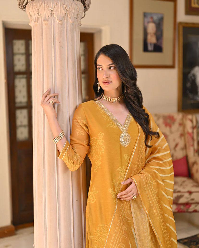 Women's Rayon Embroidered Straight Kurta with Gadhwal Pant & Tebby Silk Printed Dupatta Set