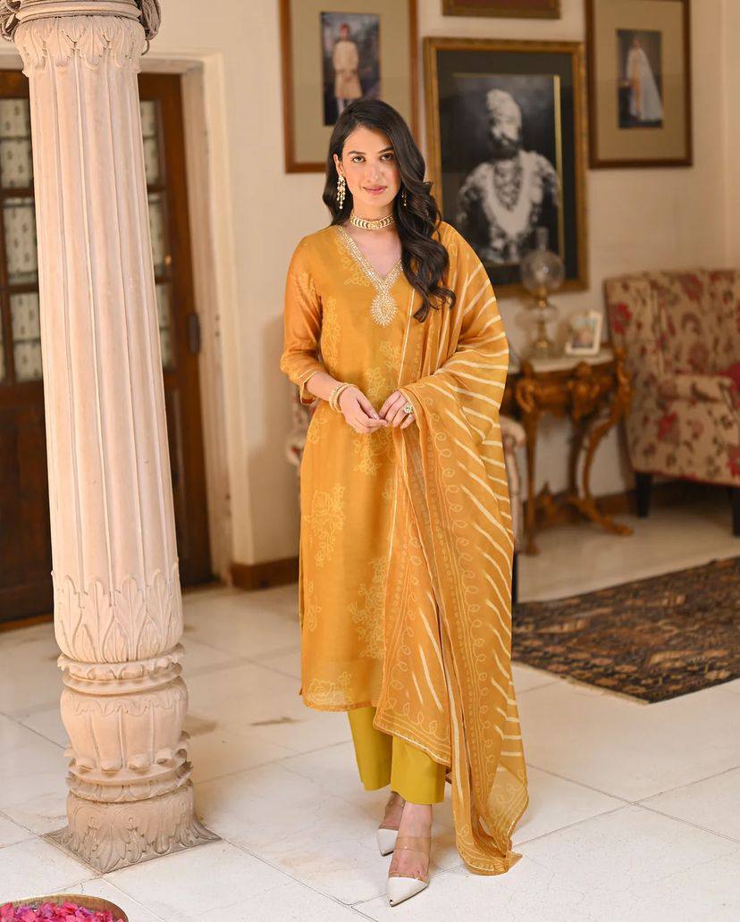 Women's Rayon Embroidered Straight Kurta with Gadhwal Pant & Tebby Silk Printed Dupatta Set