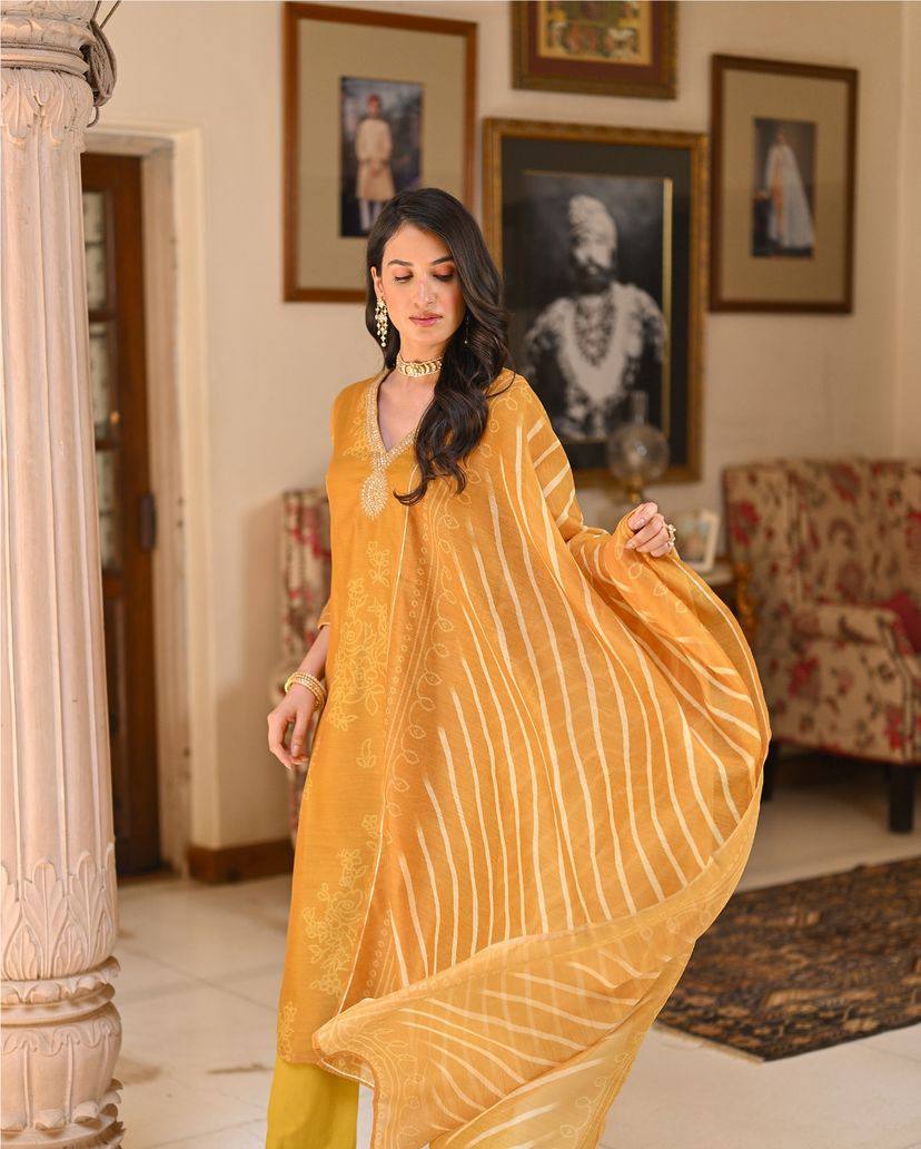 Women's Rayon Embroidered Straight Kurta with Gadhwal Pant & Tebby Silk Printed Dupatta Set