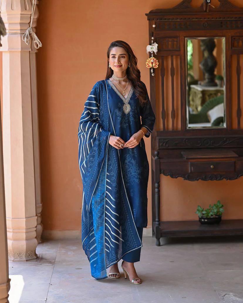 Women's Rayon Embroidered Straight Kurta with Gadhwal Pant & Tebby Silk Printed Dupatta Set