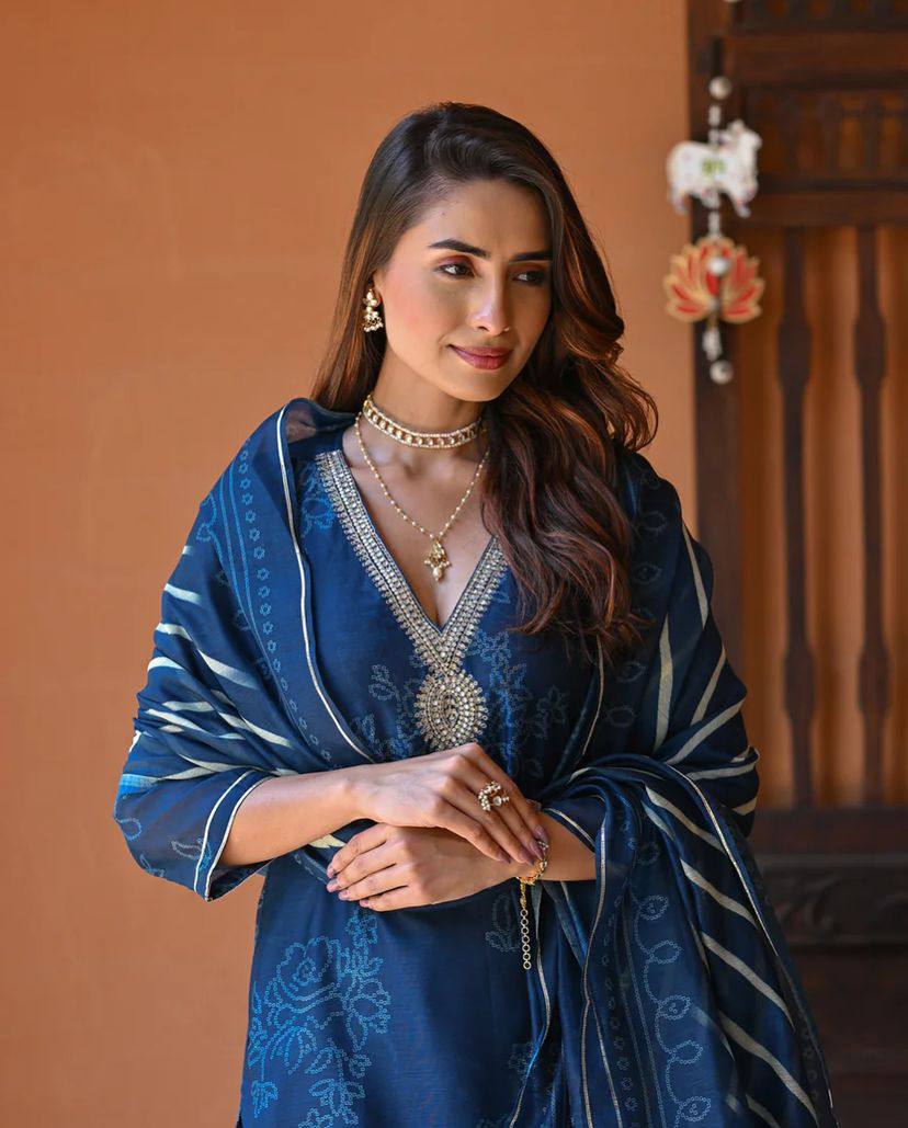 Women's Rayon Embroidered Straight Kurta with Gadhwal Pant & Tebby Silk Printed Dupatta Set