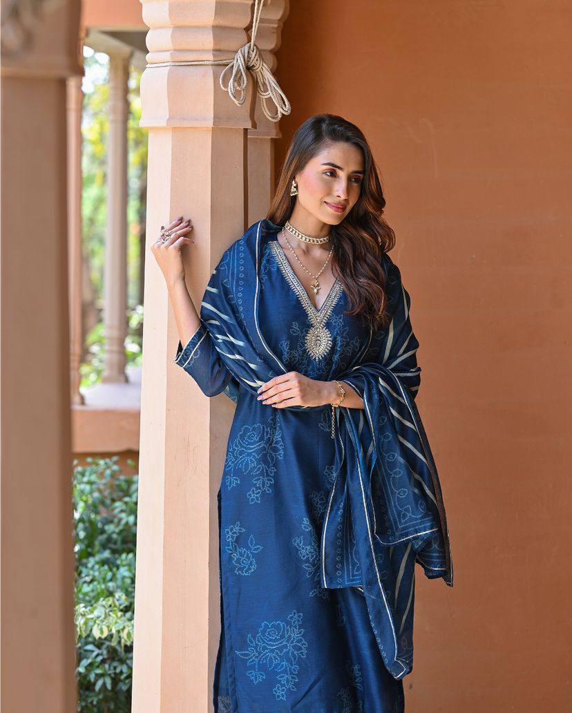 Women's Rayon Embroidered Straight Kurta with Gadhwal Pant & Tebby Silk Printed Dupatta Set