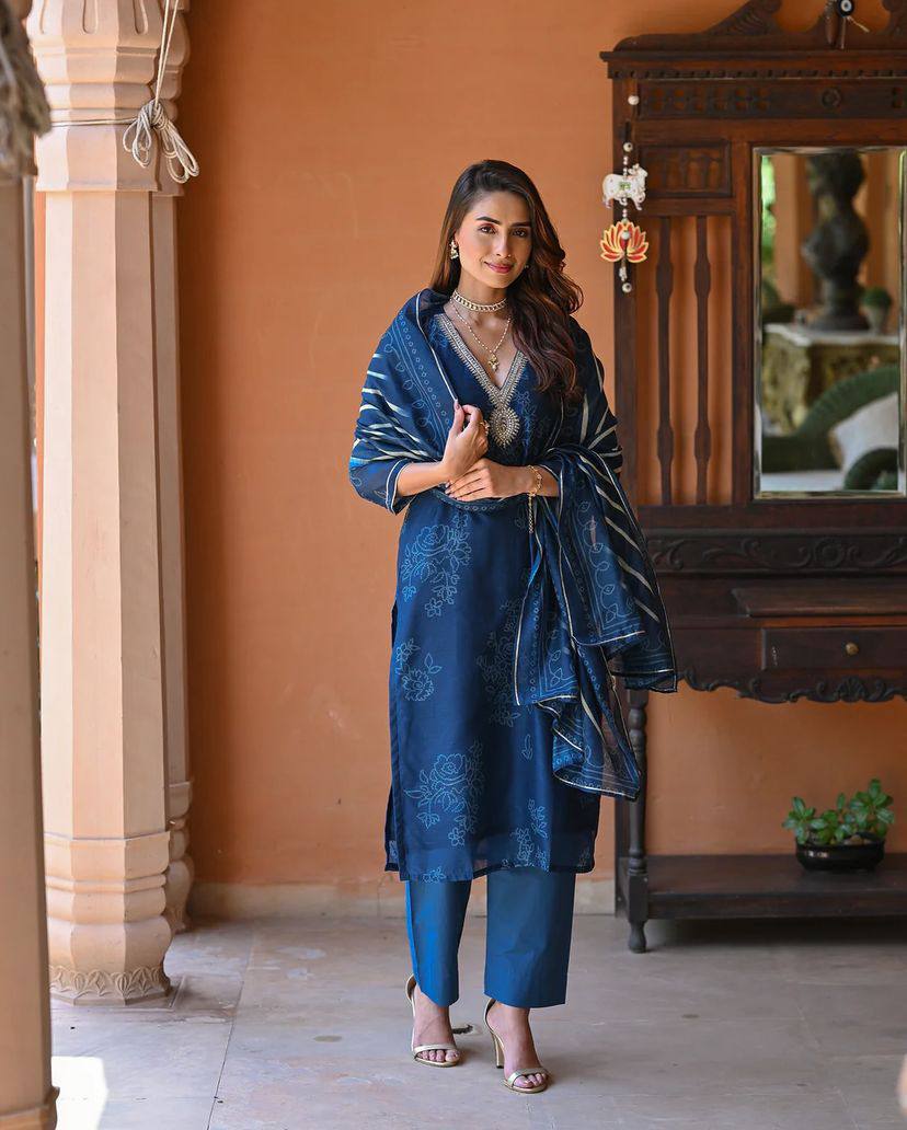 Women's Rayon Embroidered Straight Kurta with Gadhwal Pant & Tebby Silk Printed Dupatta Set