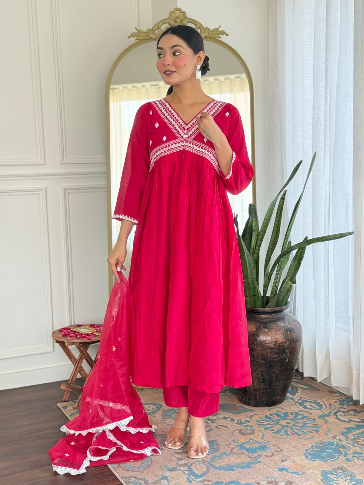 Women's Embroidery Viscose Chanderi Regular Fit 3/4 Sleeve Lightweight Ethnic Wear Kurti Pant and Dupatta Set