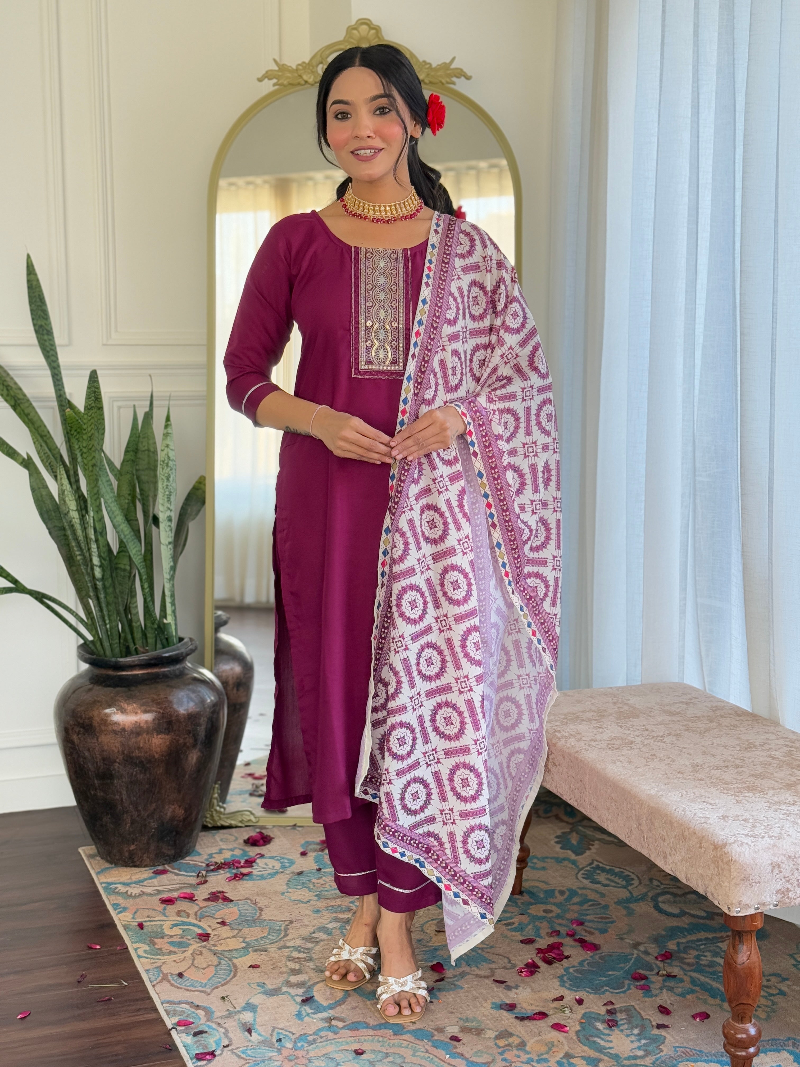 Women's Rayon Staight Kurti Set with Muslin Printed Dupatta