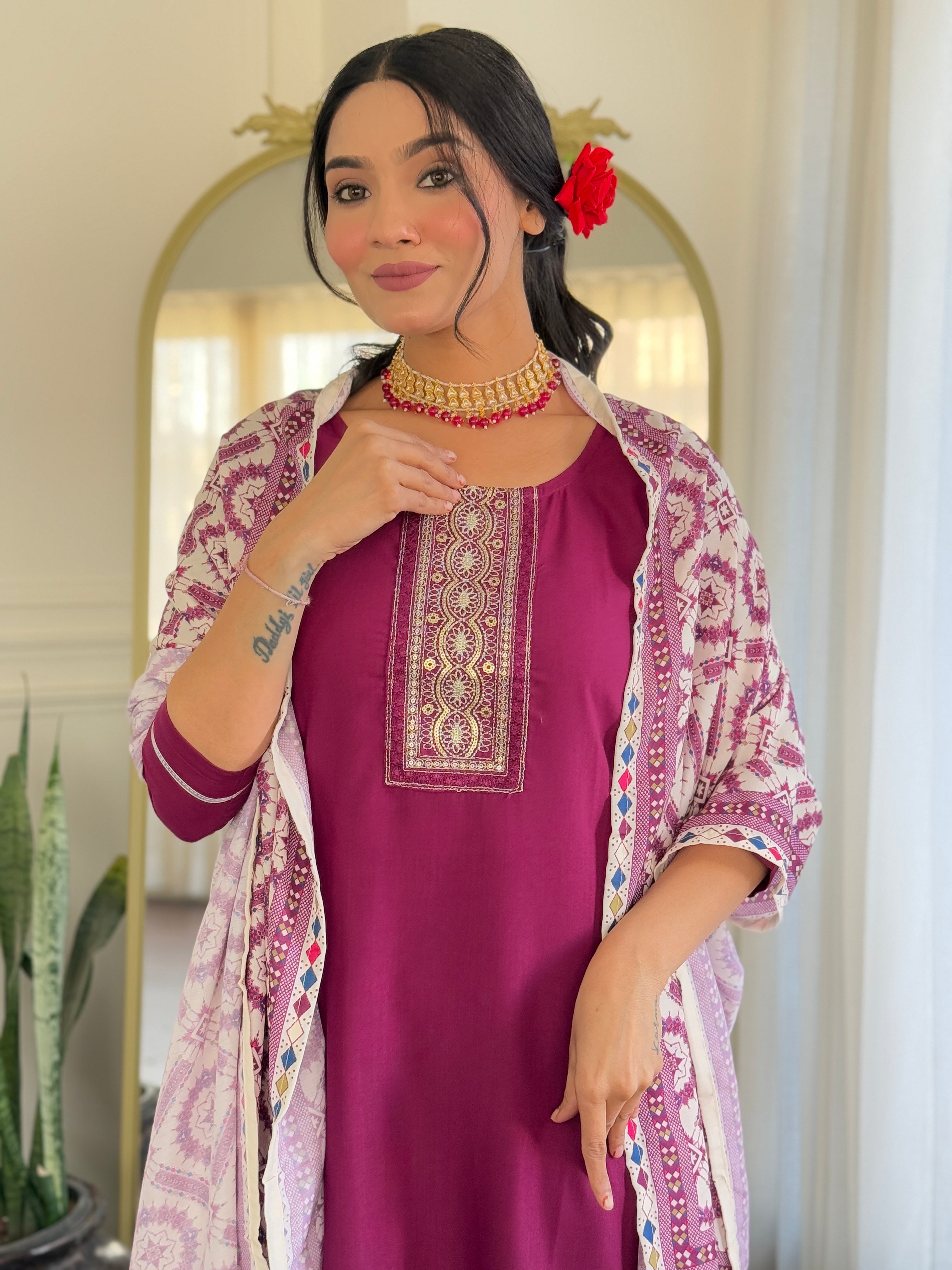 Women's Rayon Staight Kurti Set with Muslin Printed Dupatta