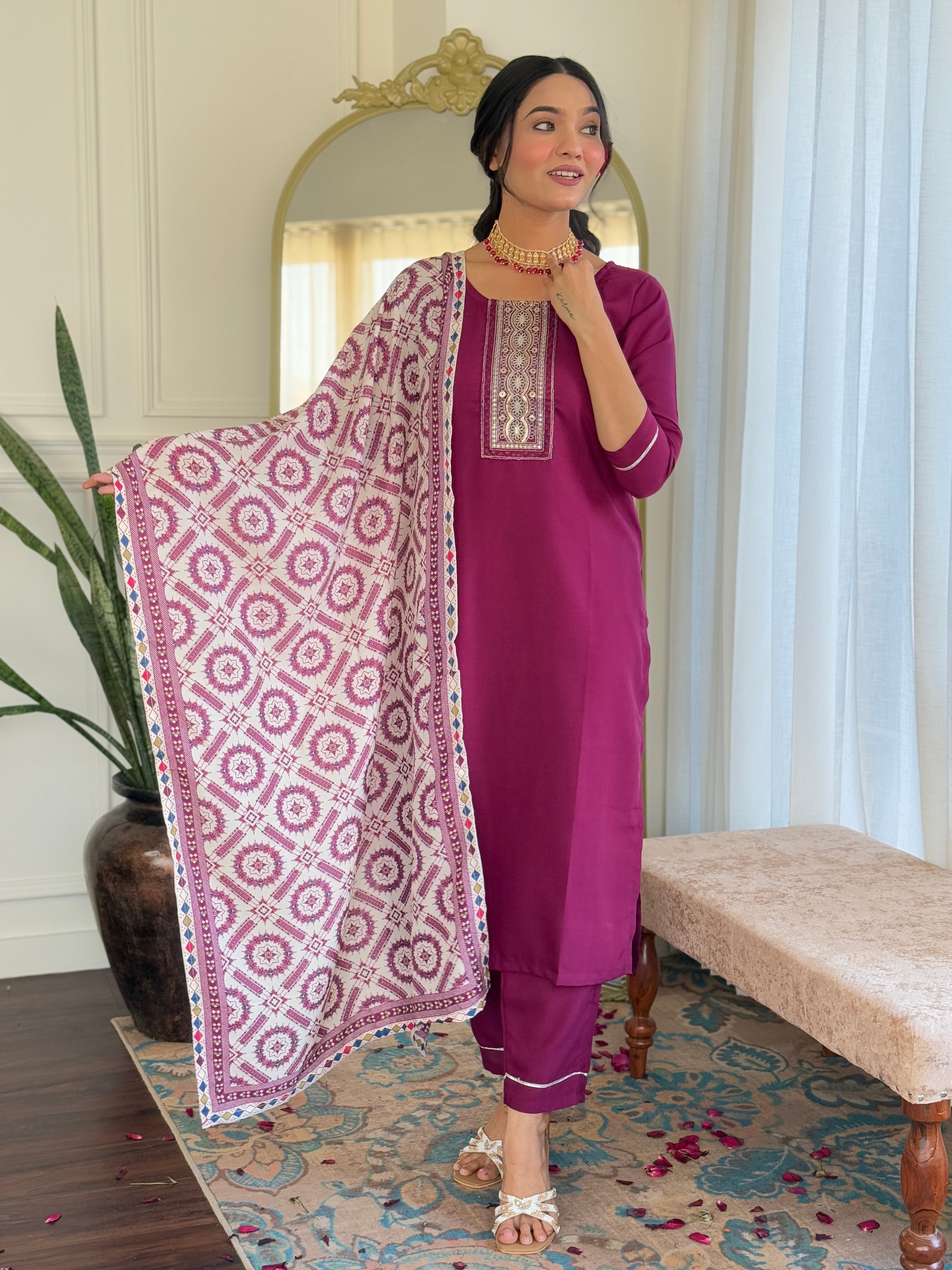 Women's Rayon Staight Kurti Set with Muslin Printed Dupatta