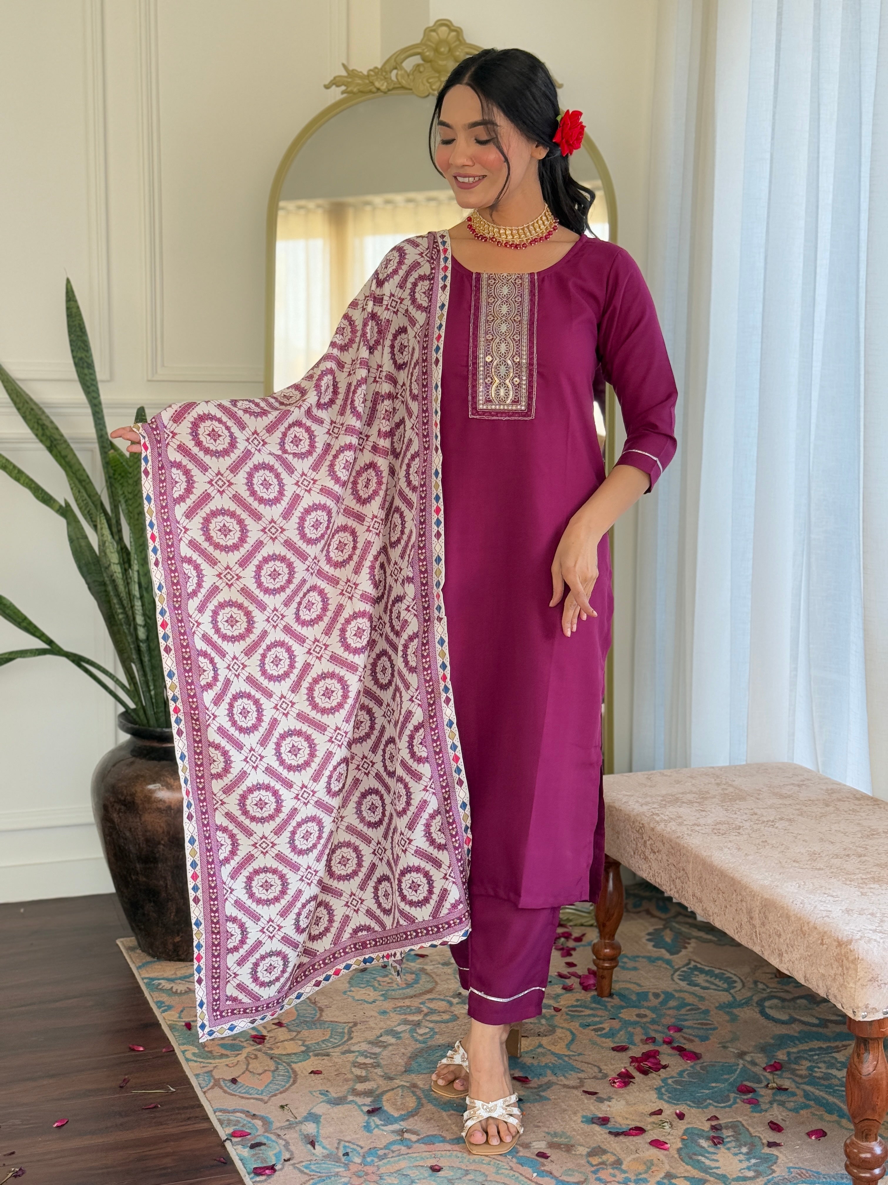 Women's Rayon Staight Kurti Set with Muslin Printed Dupatta