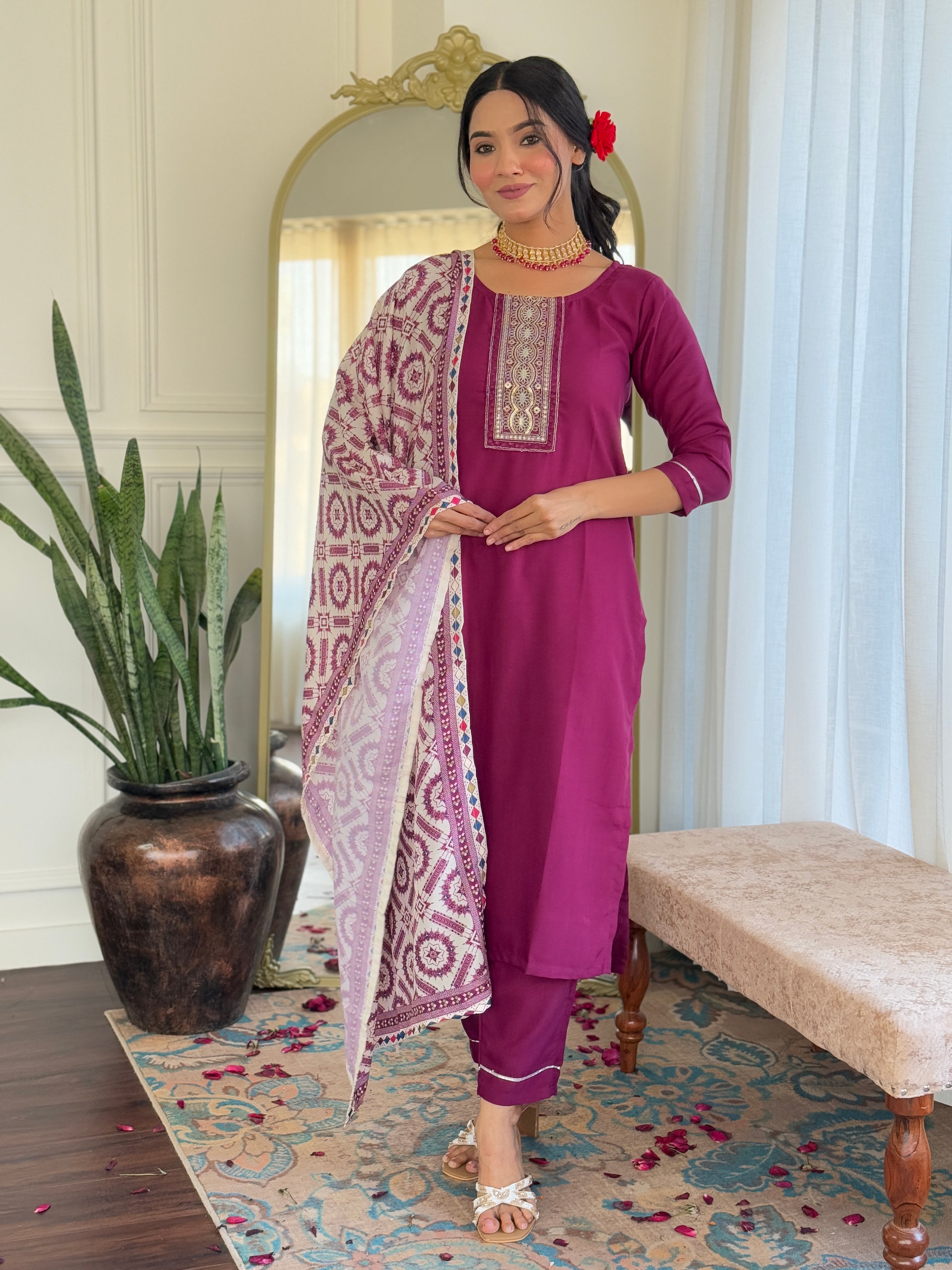Women's Rayon Staight Kurti Set with Muslin Printed Dupatta