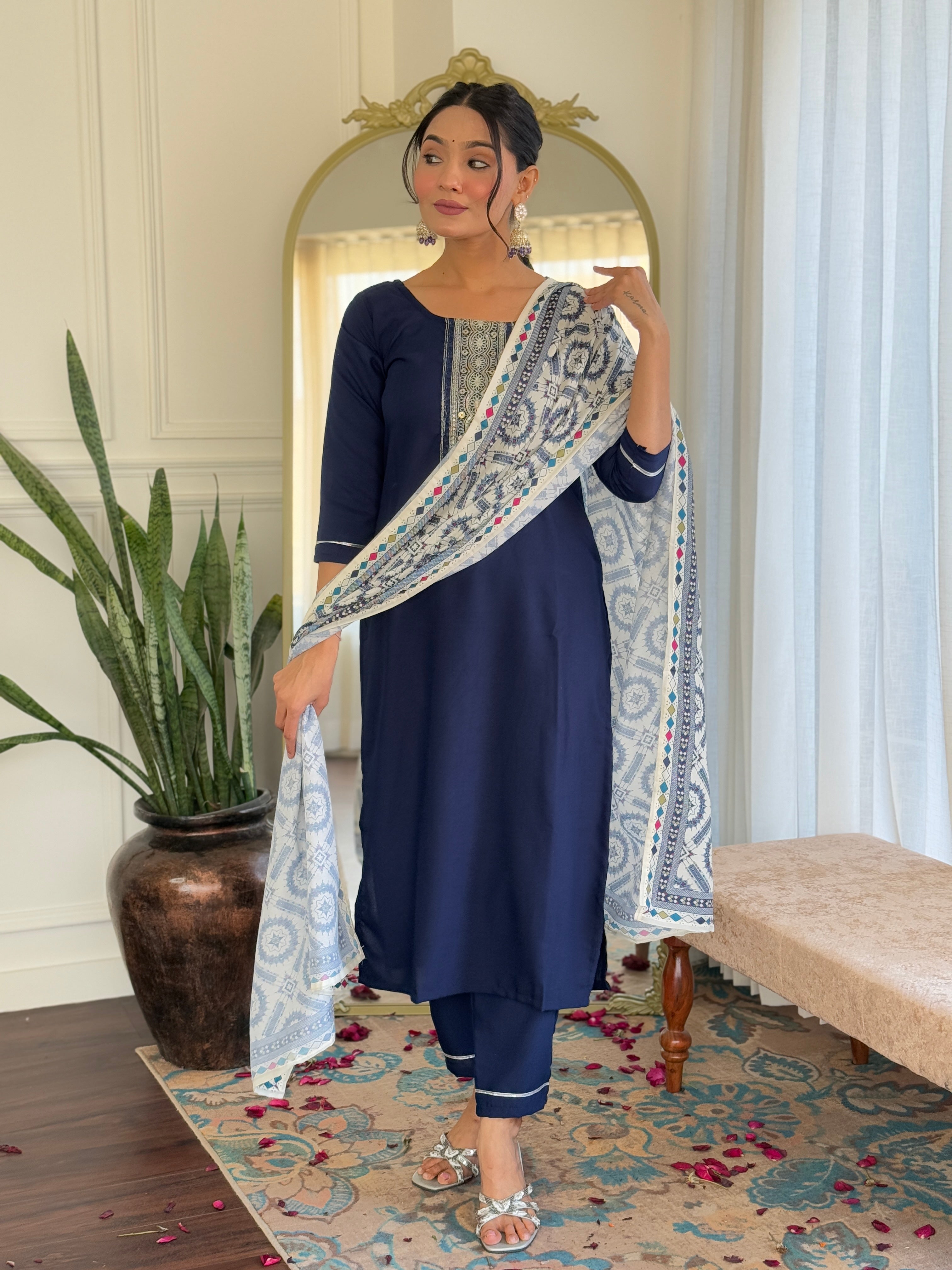Women's Rayon Staight Kurti Set with Muslin Printed Dupatta