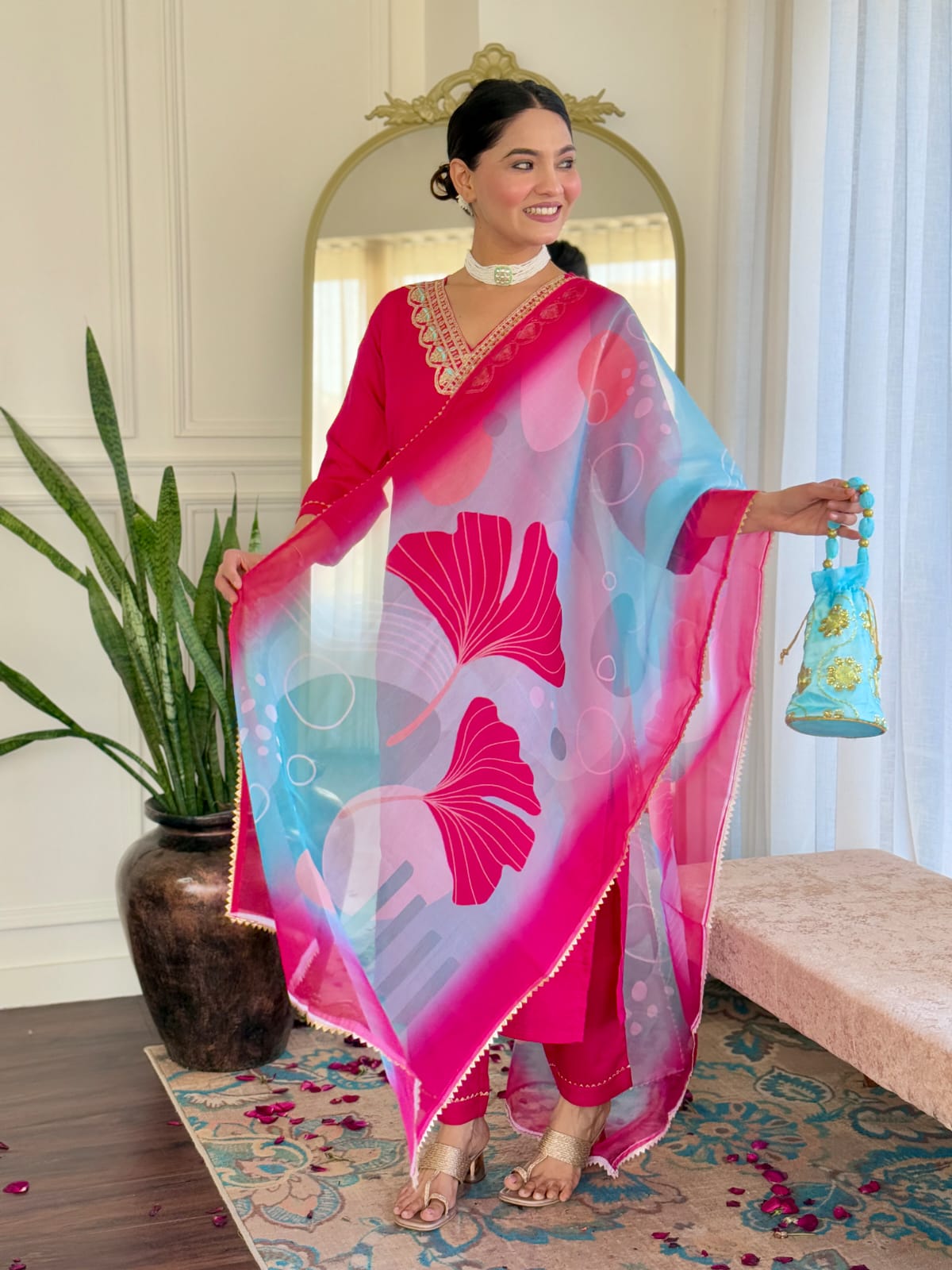 Women's Wine Rayon Slub Embroidered Straight Kurta with Rayon Slub Pant and Chinon Laced Dupatta Sets