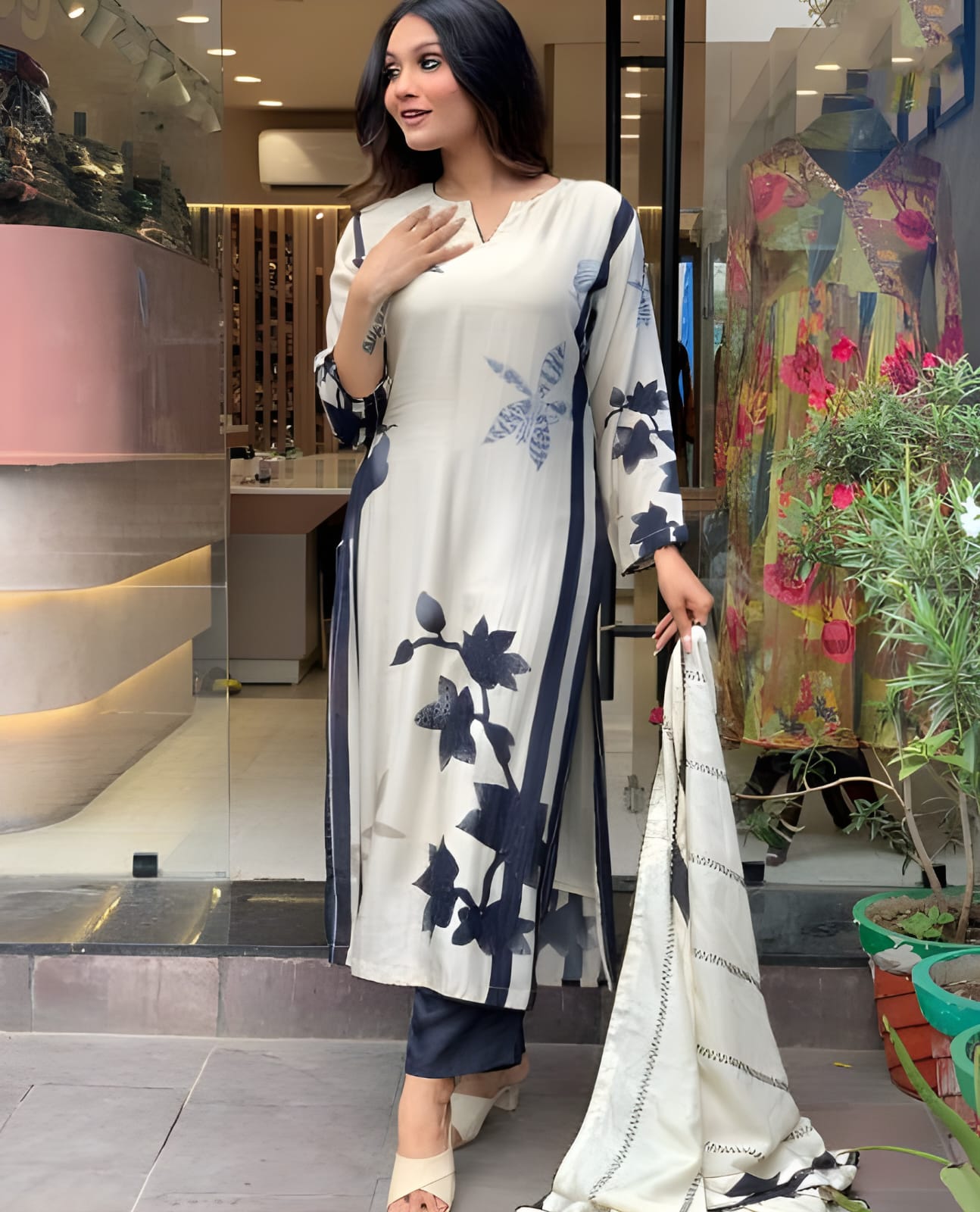 Women's MUSLIN Straight Kurta with Pant and Printed Dupatta Sets