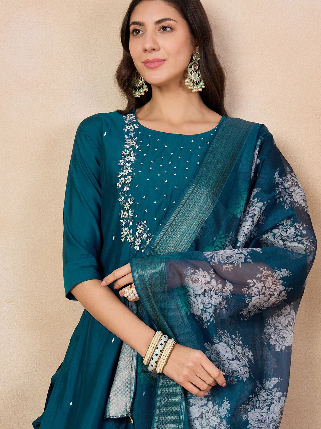 Women's Viscose Chanderi Embroidered Straight Kurta with Viscose Chanderi Pant & Jacquard butti Printed Dupatta Set
