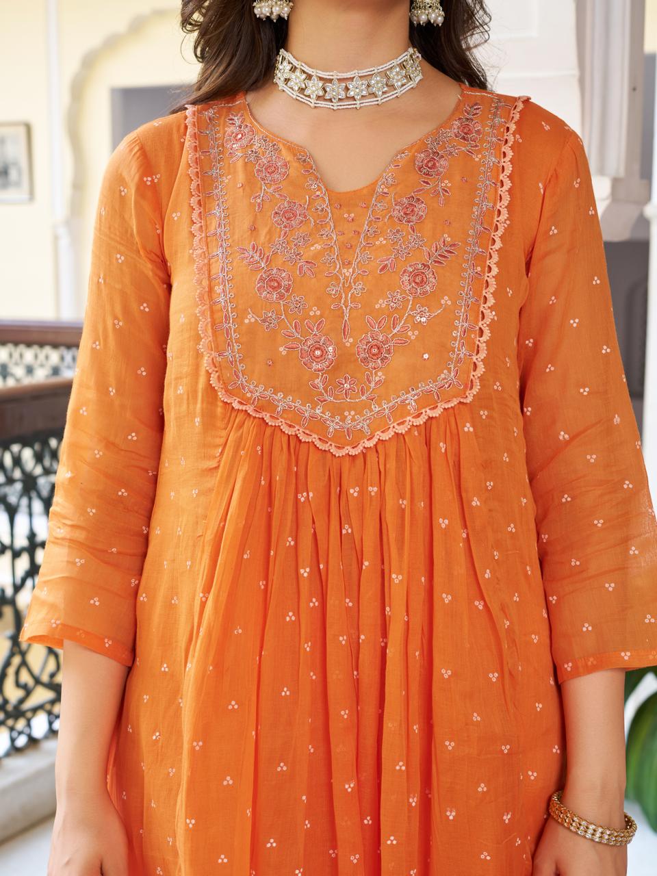 Women Orange Printed cotton Embroidered Kurta With Pant & Dupatta