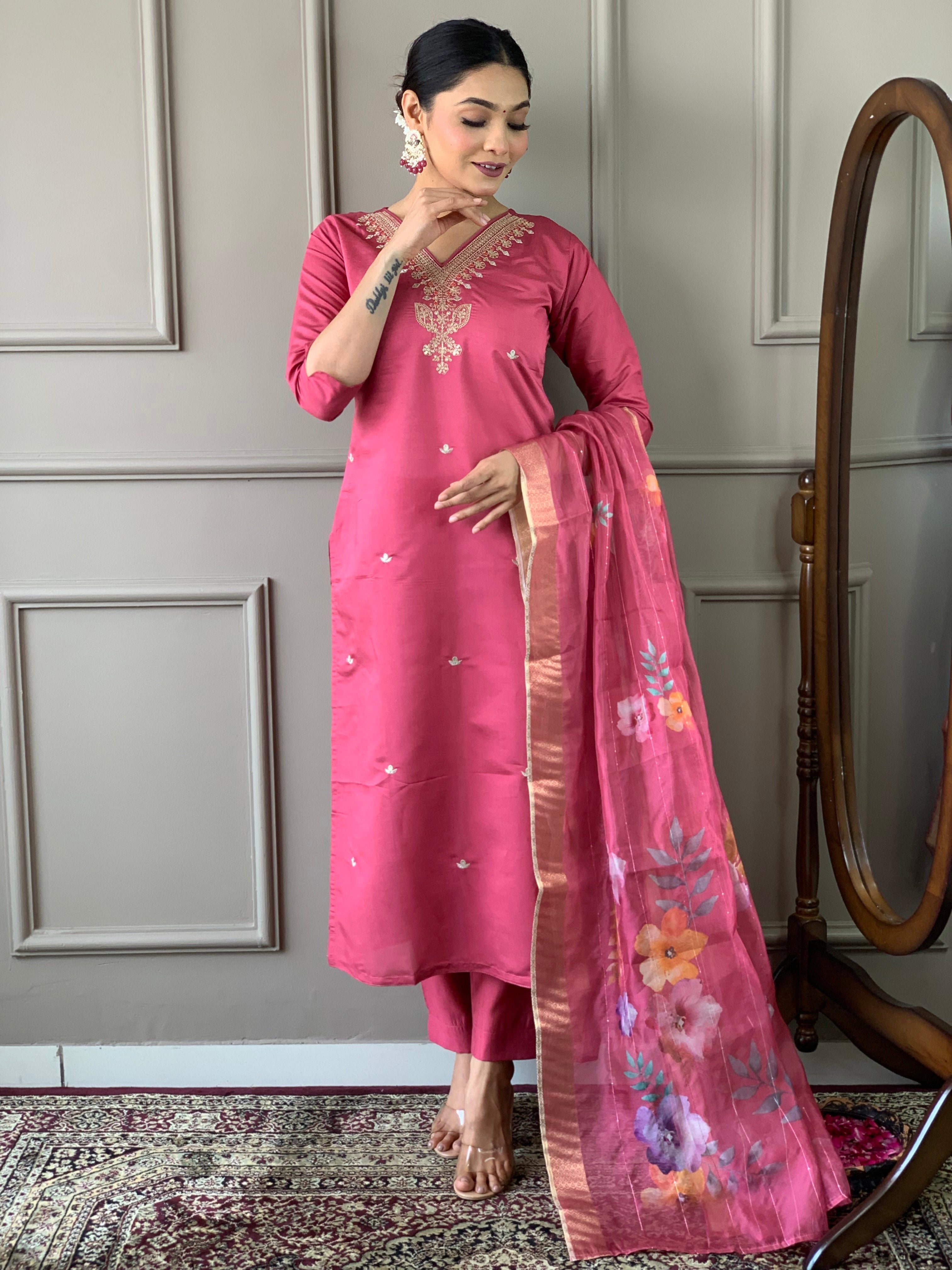 Women's Viscose Chanderi Embroidered Straight Kurta with Viscose Chanderi Pant & Nylon taby jaquaed Printed Dupatta Set