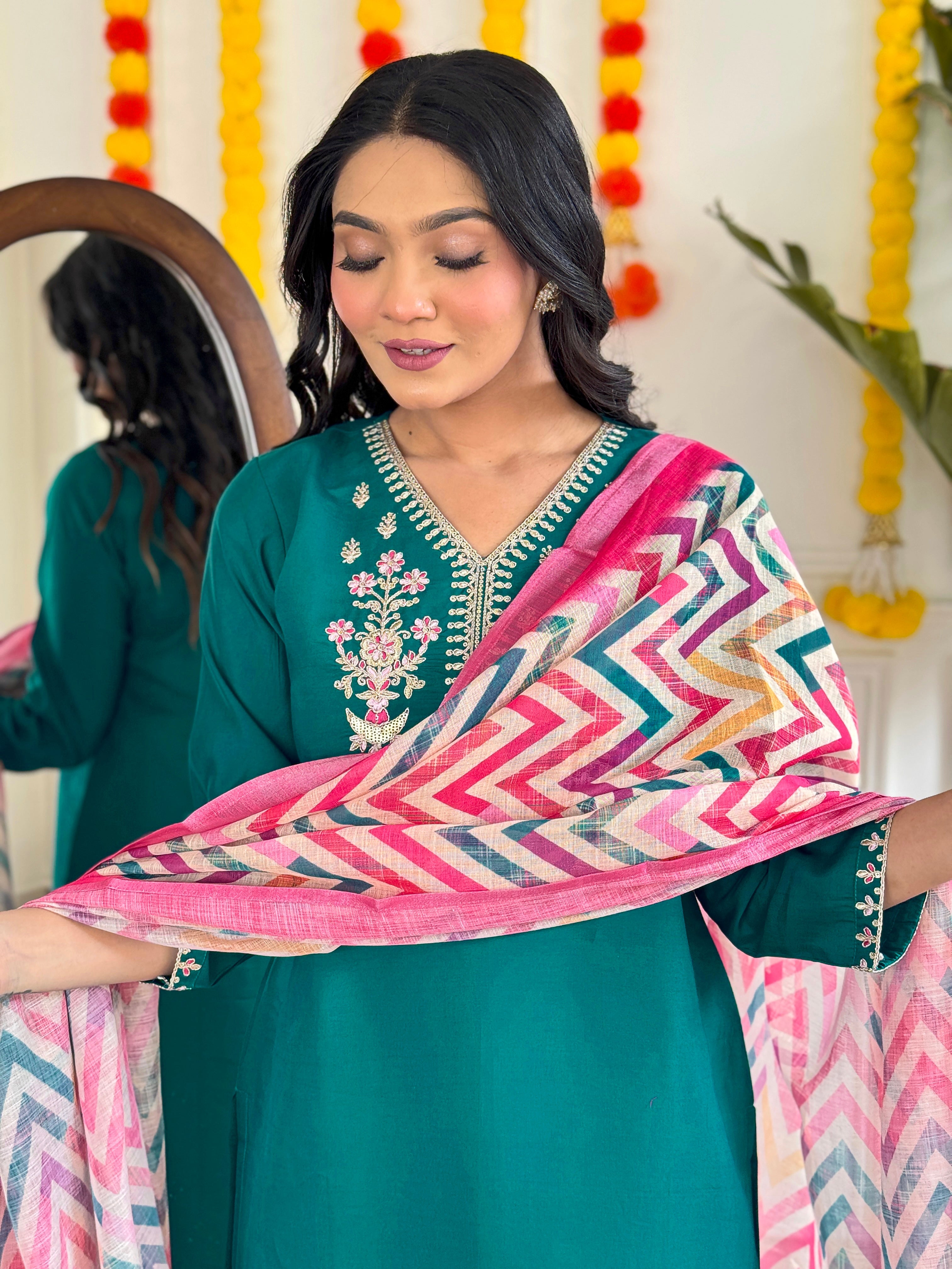 Women's White Viscose Chanderi Embroidered Straight Kurta with Viscose Chanderi Pant & pure linen Printed Dupatta Set