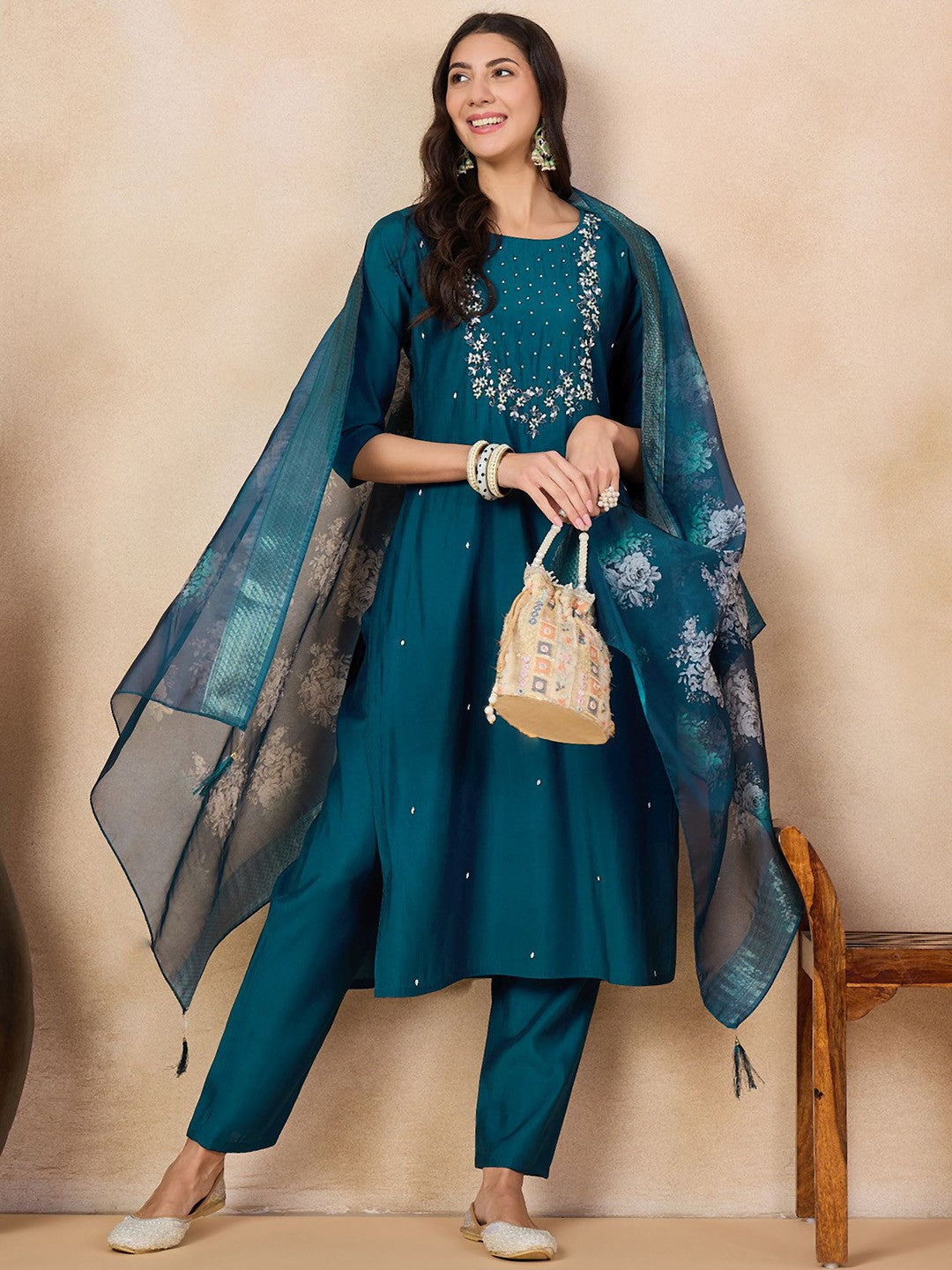 Women's Viscose Chanderi Embroidered Straight Kurta with Viscose Chanderi Pant & Jacquard butti Printed Dupatta Set