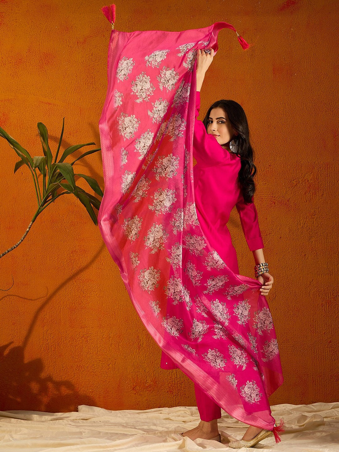 Women's Viscose Chanderi Embroidered Straight Kurta with Viscose Chanderi Pant & Jacquard butti Printed Dupatta Set