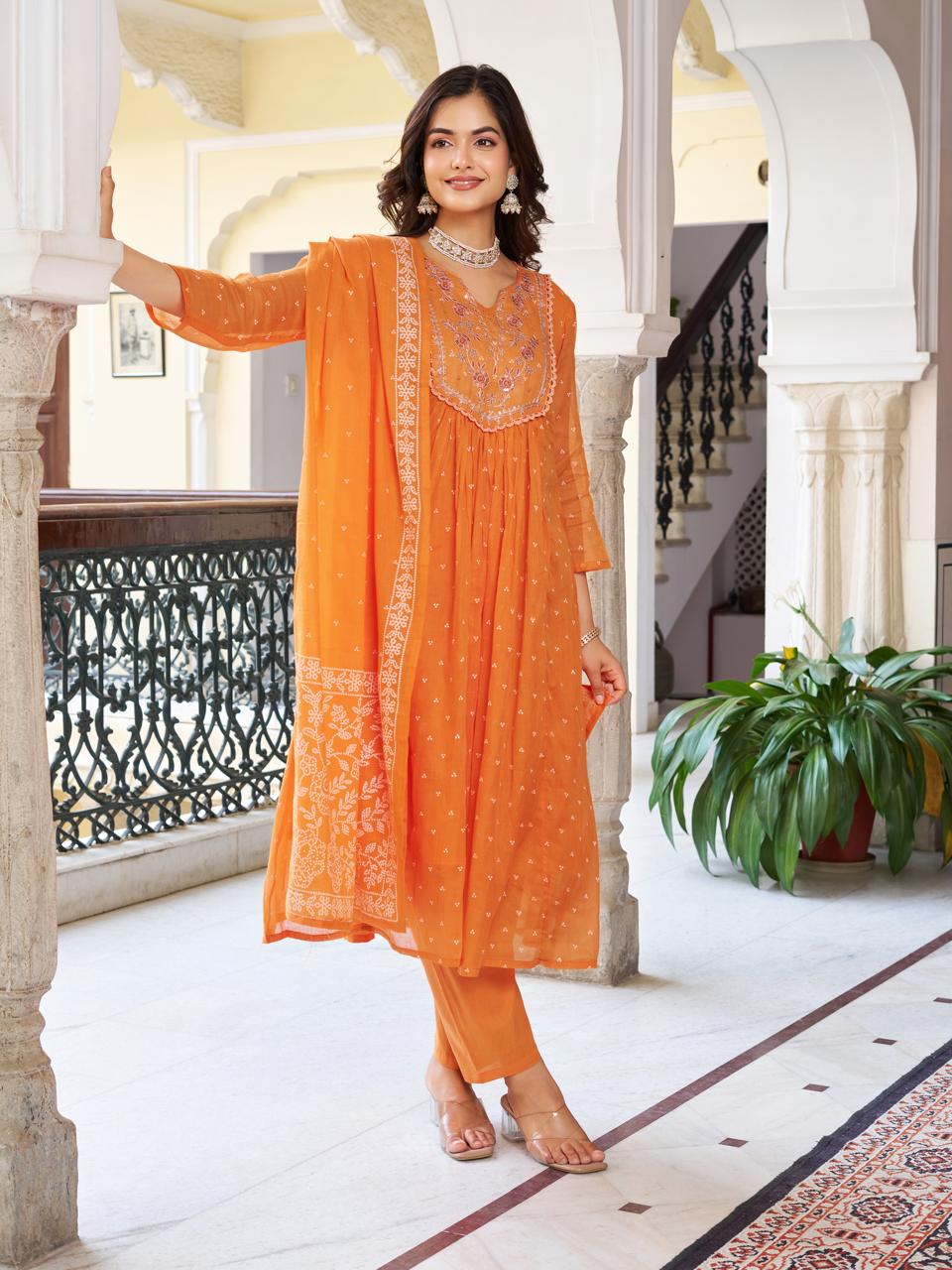 Women Orange Printed cotton Embroidered Kurta With Pant & Dupatta