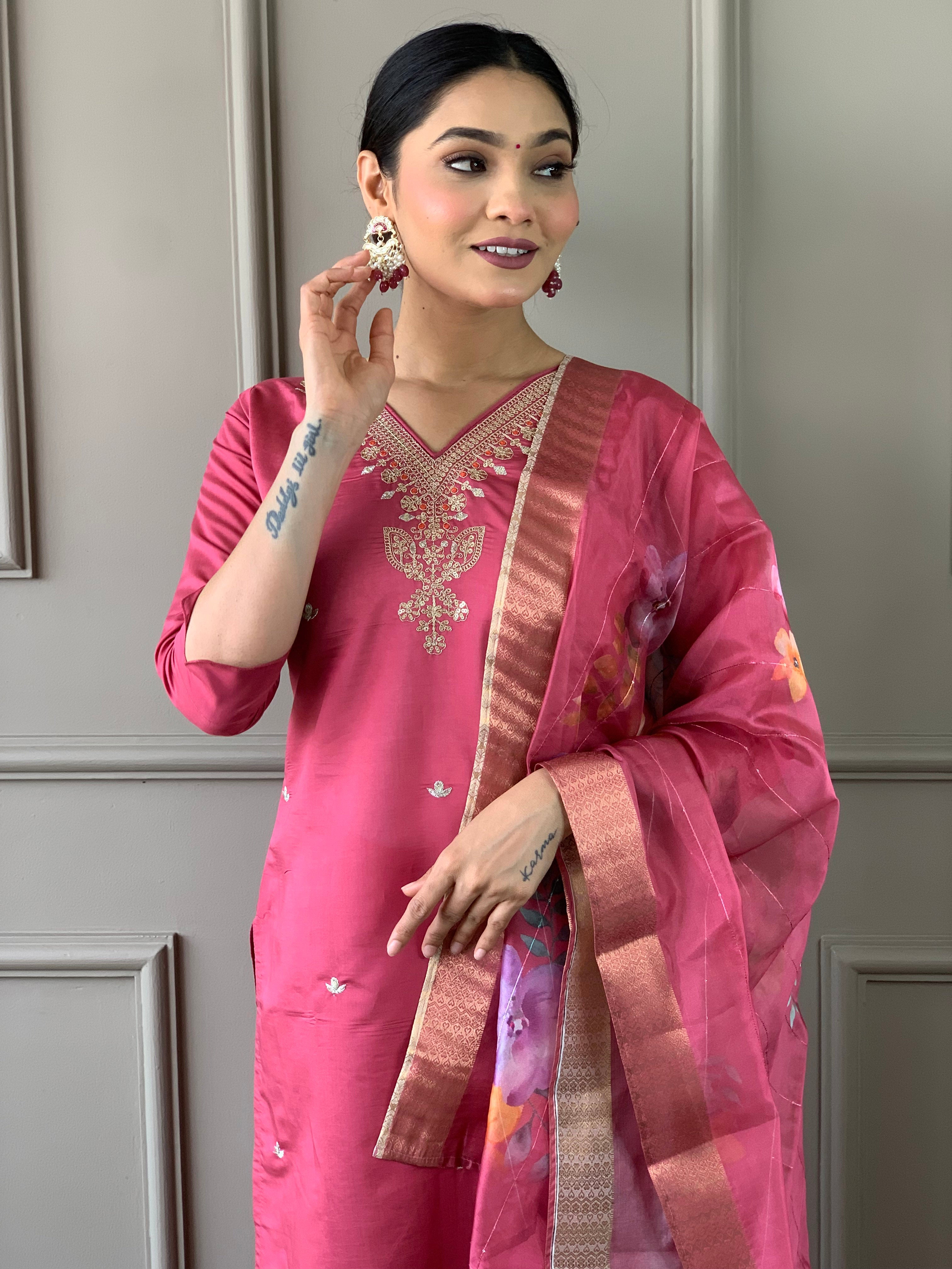 Women's Viscose Chanderi Embroidered Straight Kurta with Viscose Chanderi Pant & Nylon taby jaquaed Printed Dupatta Set